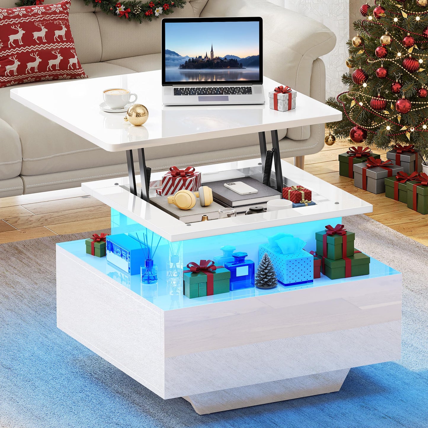 YITAHOME Coffee Table Height Adjustable with LED Lighting Modern 60 x 60 x 45 cm Living Room Table High Gloss with Open Display Shelf and 2 Drawers