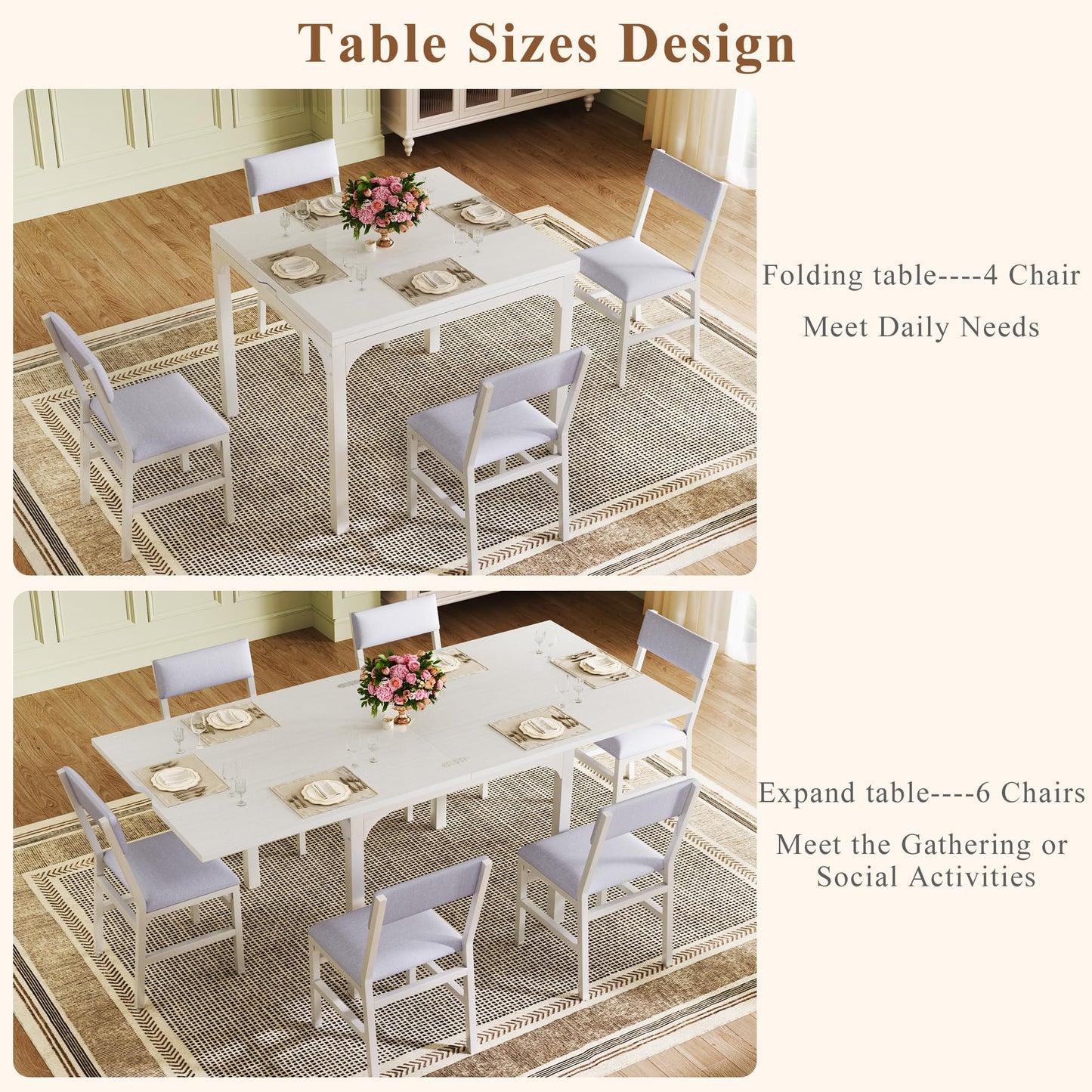 7-Piece Dining Table Set for 4-6, Extendable Kitchen Table Cushion Chairs Set of 6 with 6 Chairs, Rectangle Dining Table with Metal Frame & MDF Board, Folding for Small Apartment Saving Space,Grey Oak