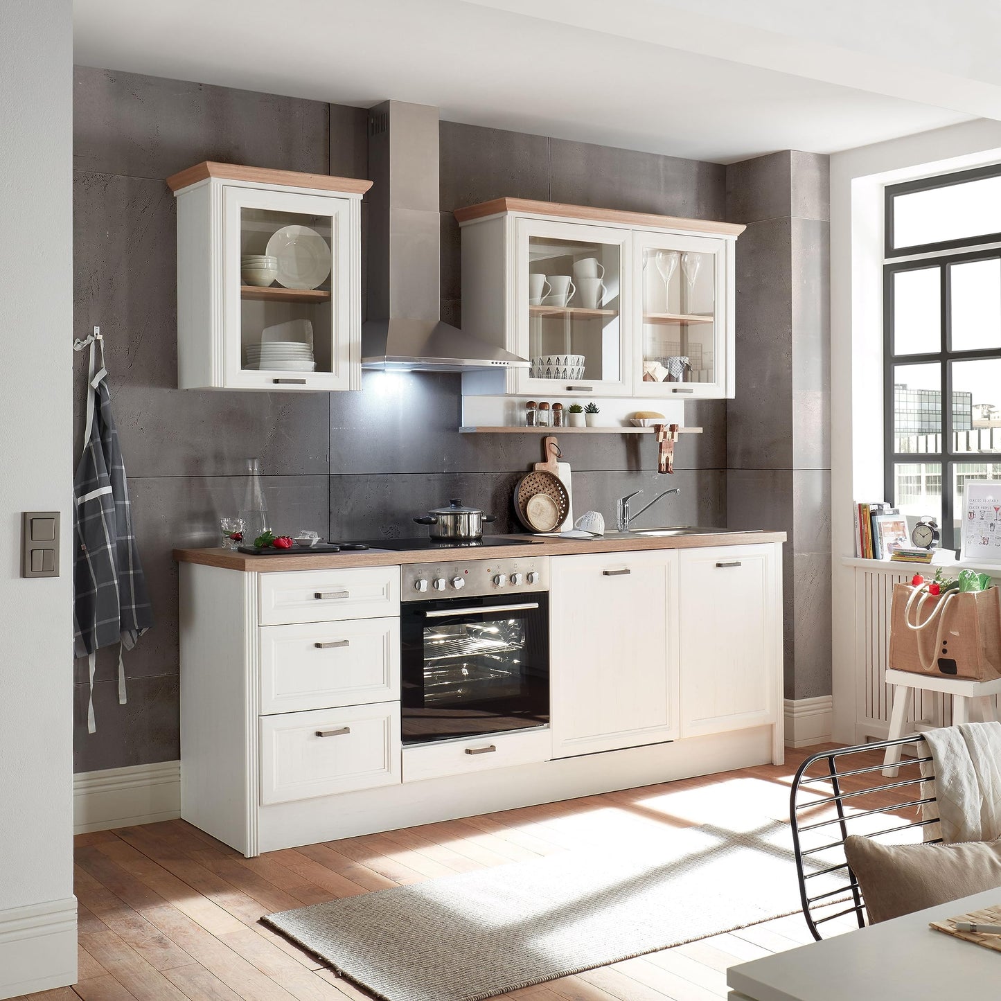 Jasmin Modern Kitchen Unit without Electrical Appliances in Light Pine Artisan Oak Look - Spacious Fitted Kitchen in Country House Style - 344 x 228 x 60 cm (W x H x D)