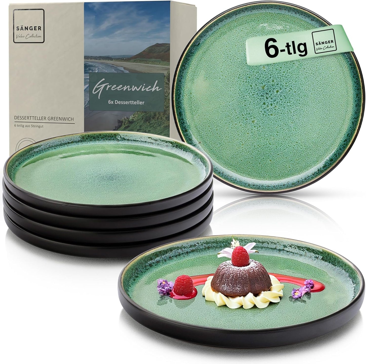 SÄNGER Manila Dinner Service for 6 People, Plate Set, Coffee Mug, Pasta Bowl, 30 Pieces, Stoneware Crockery Set, Dishwasher, Microwave, Scratch-Resistant, Blue with Black Rim, Value Collection