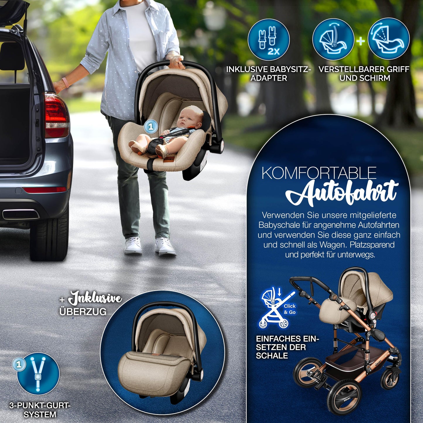 KIDUKU® 3-in-1 Complete Pram Set incl. Baby Carrycot, Buggy, Sports Seat & Car Seat, Footmuff, Solid Rubber Tyres, Changing Bag, Hand Warmer, Rain Cover, Children's Tray, ECE R129