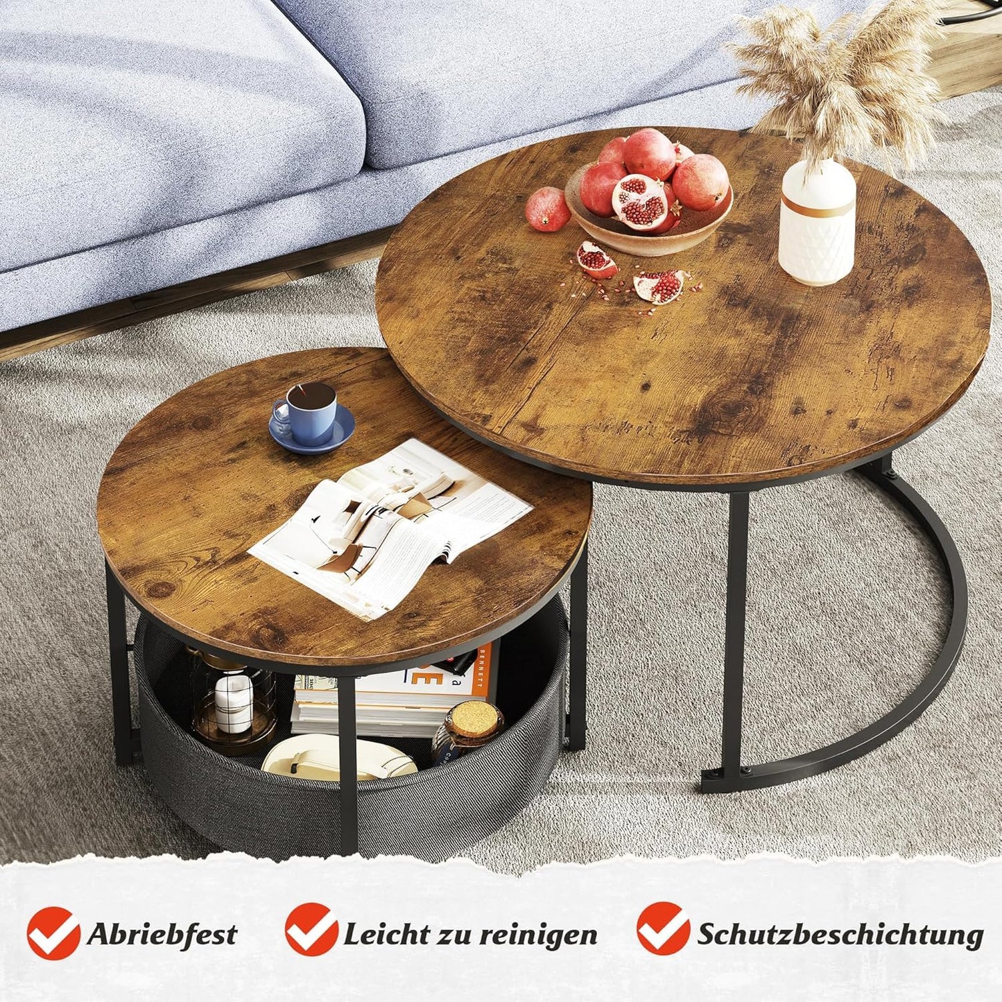 WLIVE Round Coffee Table, Set of 2, Modern Living Room Table, Round, Side Table with Fabric Basket, 80 cm Diameter Couch Table for Bedroom, Home Office (Grey Oak)