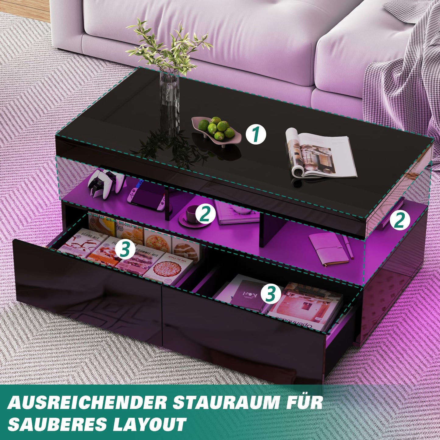 Coffee Table with LED Lighting, High Gloss Living Room Table with 2 Silent Drawers and Open Compartment, Elegant Side Table for Living Room and Office (White)