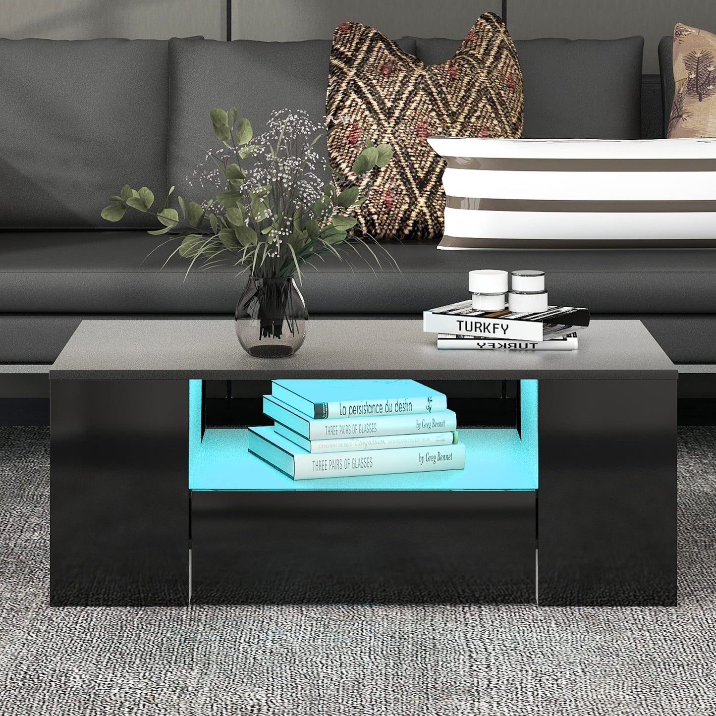 Merax High Gloss Coffee Table with LED, Modern Living Room Table with Storage Drawers, Multifunctional Side Table for Living Room, Rectangular Centre Table, Sofa Table, Coffee Table, Office, Black