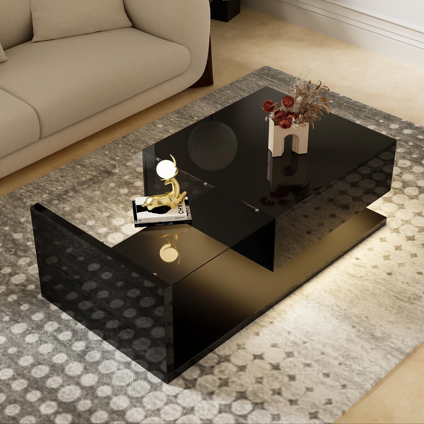 Soweiz Coffee Table, High Gloss, Side Tables, Coffee Tables with Glass and LED Effect, Sturdy Construction (105 x 55 x 32.5 cm) (Black)