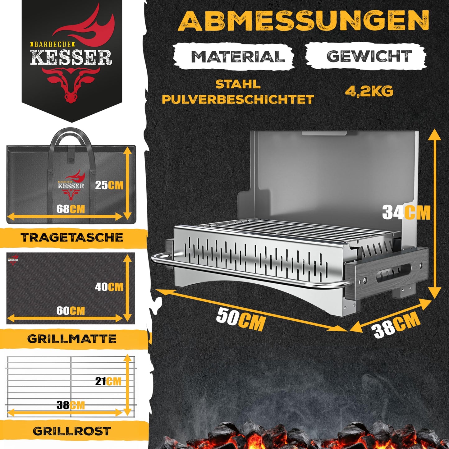 KESSER® Folding Barbecue Portable Camping Grill with Frame, Charcoal Grill Made of Powder-Coated Steel Including Grill Grate, Grill Mat & Carry Bag, Foldable BBQ Ideal for Camping, Picnic & Fishing