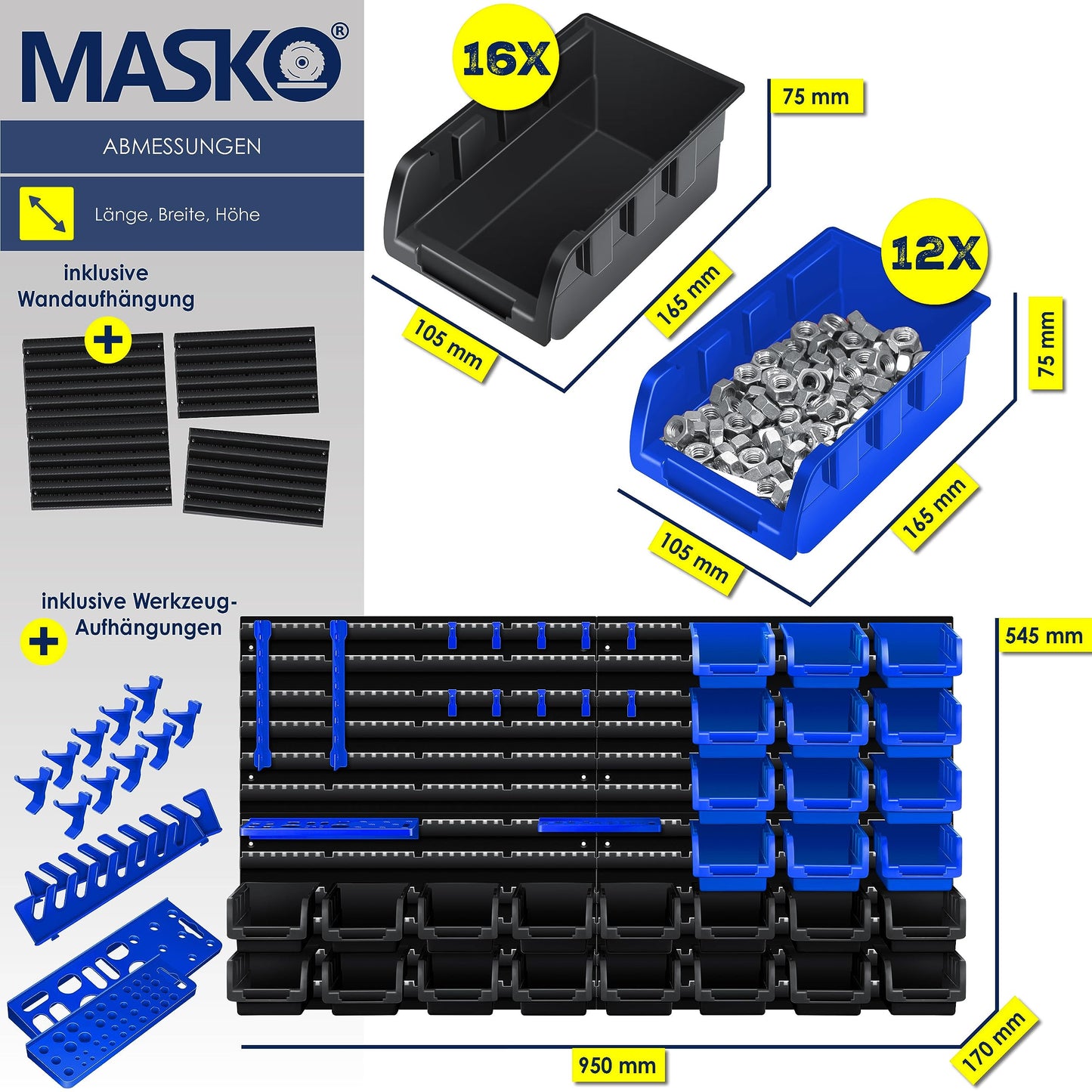MASKO® Stacking Boxes, Wall Shelf, Tool Holder, 45-Piece Set, Expandable Storage Boxes, Storage Shelves, Boltless Hanging Shelf, Assortment Box, Small Parts Magazine Workshop Shelf, Black/Blue