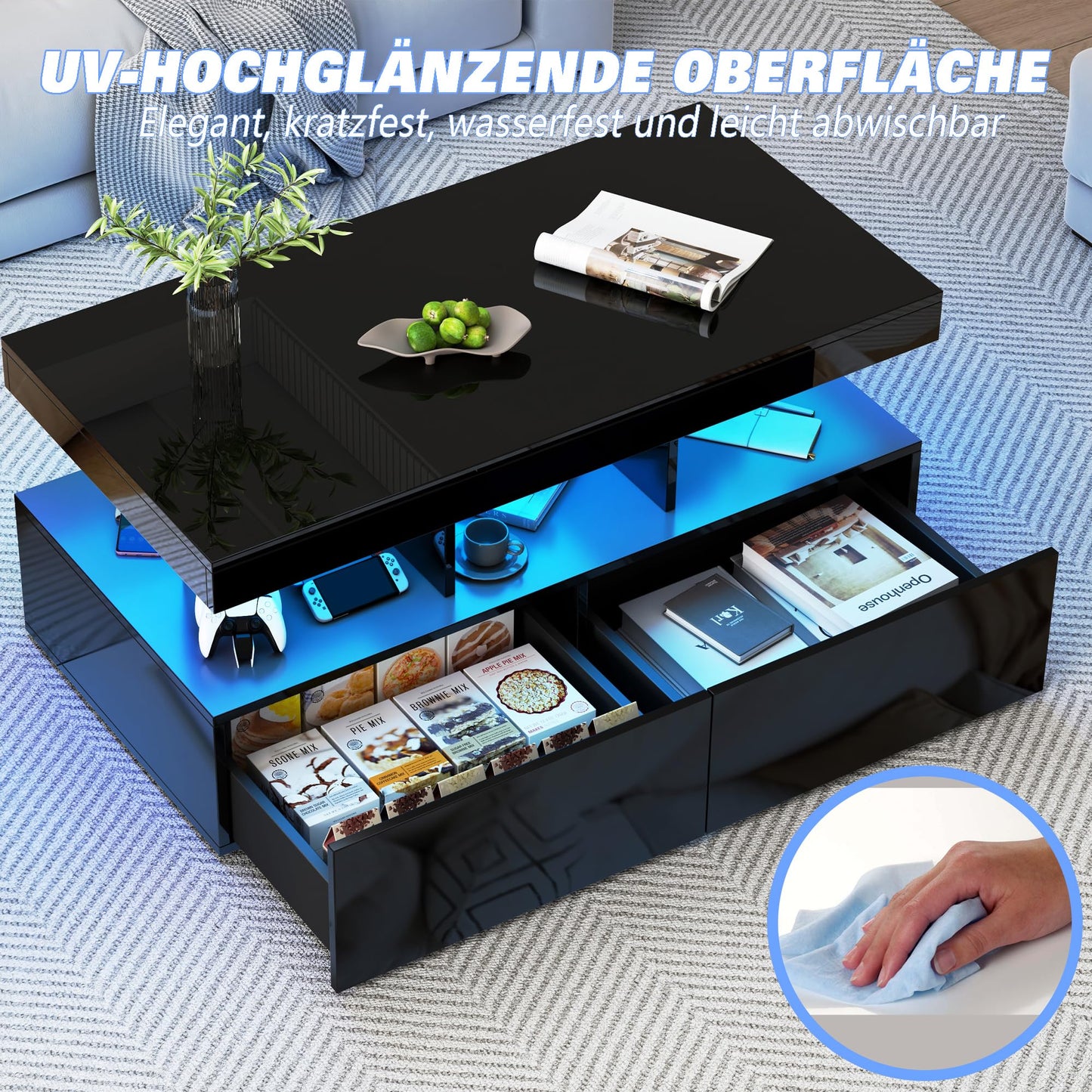 Coffee Table with LED Lighting, High Gloss Living Room Table with 2 Silent Drawers and Open Compartment, Elegant Side Table for Living Room and Office (White)