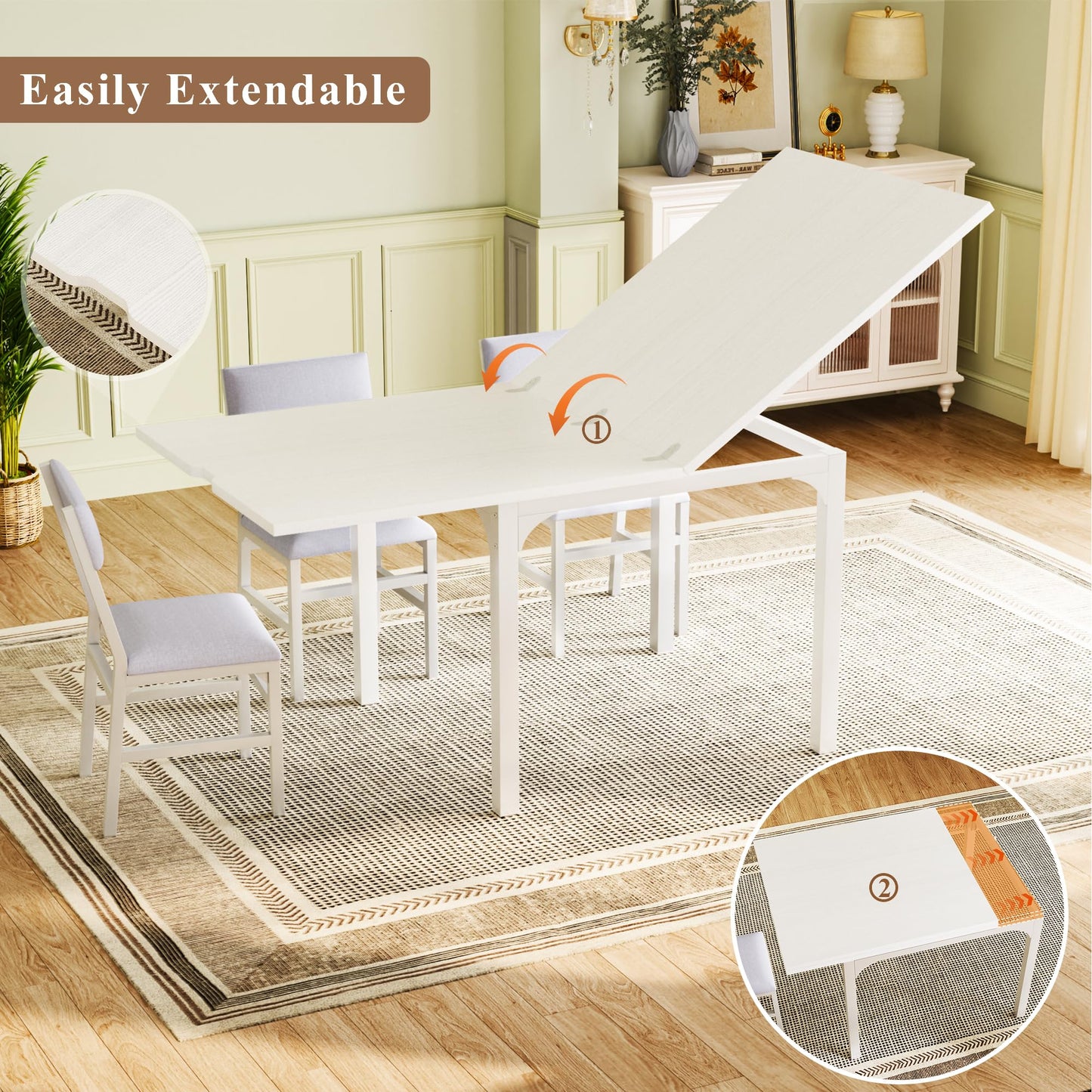 7-Piece Dining Table Set for 4-6, Extendable Kitchen Table Cushion Chairs Set of 6 with 6 Chairs, Rectangle Dining Table with Metal Frame & MDF Board, Folding for Small Apartment Saving Space,Grey Oak