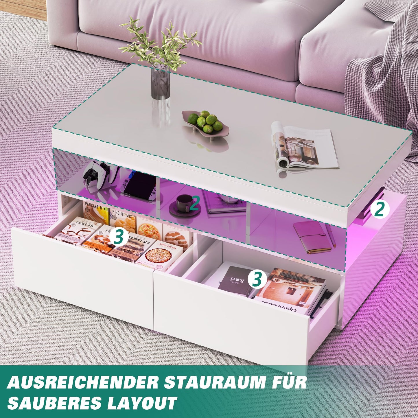 Coffee Table with LED Lighting, High Gloss Living Room Table with 2 Silent Drawers and Open Compartment, Elegant Side Table for Living Room and Office (White)