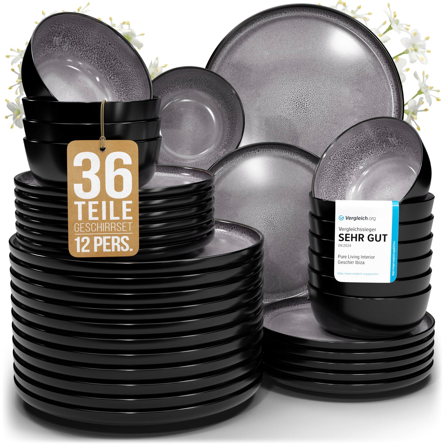 Ibiza Stoneware Crockery Set for 12 People, 48 Pieces, Test Winner, Dreamlike Mediterranean Stoneware Crockery Set, Bowl and Plate Set, Dinner Service for 12 People, Pure Living Crockery Sets in Deep