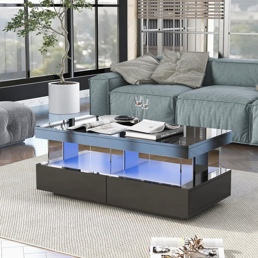 Merax High Gloss Coffee Table with LED, Modern Living Room Table with Storage Drawers, Multifunctional Side Table for Living Room, Rectangular Centre Table, Sofa Table, Coffee Table, Office, Black