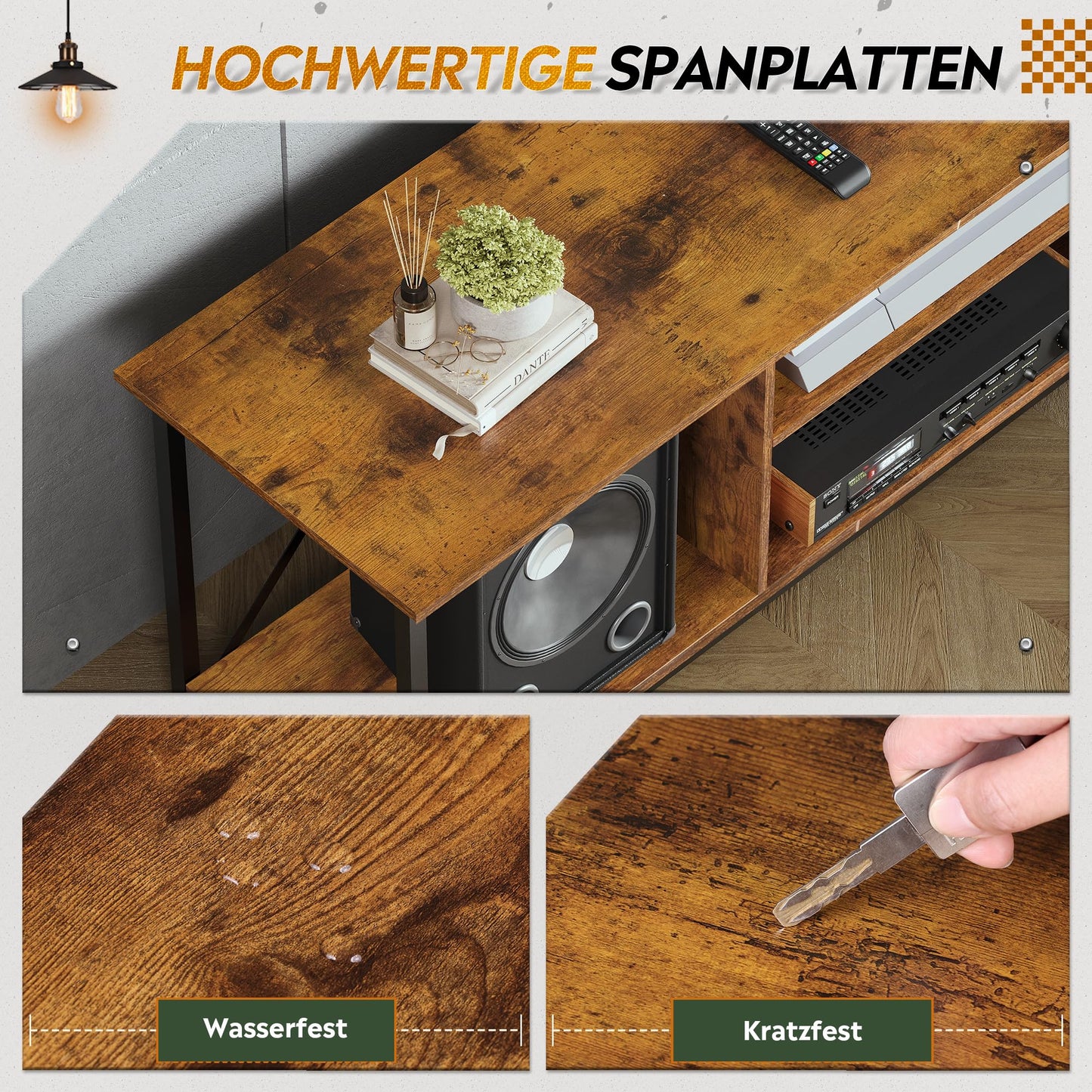 WLIVE TV Schrank, TV Lowboard für Fernseher bis zu 65 Zoll, TV Board Fernsehschrank mit Offenen Stauraum, 140 x 40 x 49 cm, Fernsehtisch für Wohnzimmer und Schlafzimmer, Vintagebraun-Schwarz