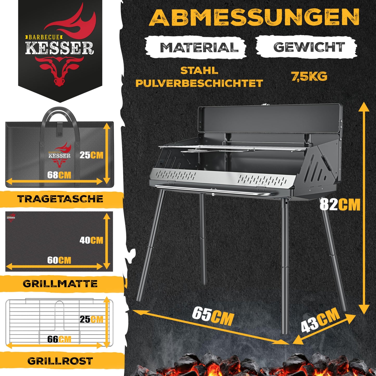 KESSER® Folding Barbecue Portable Camping Grill with Frame, Charcoal Grill Made of Powder-Coated Steel Including Grill Grate, Grill Mat & Carry Bag, Foldable BBQ Ideal for Camping, Picnic & Fishing