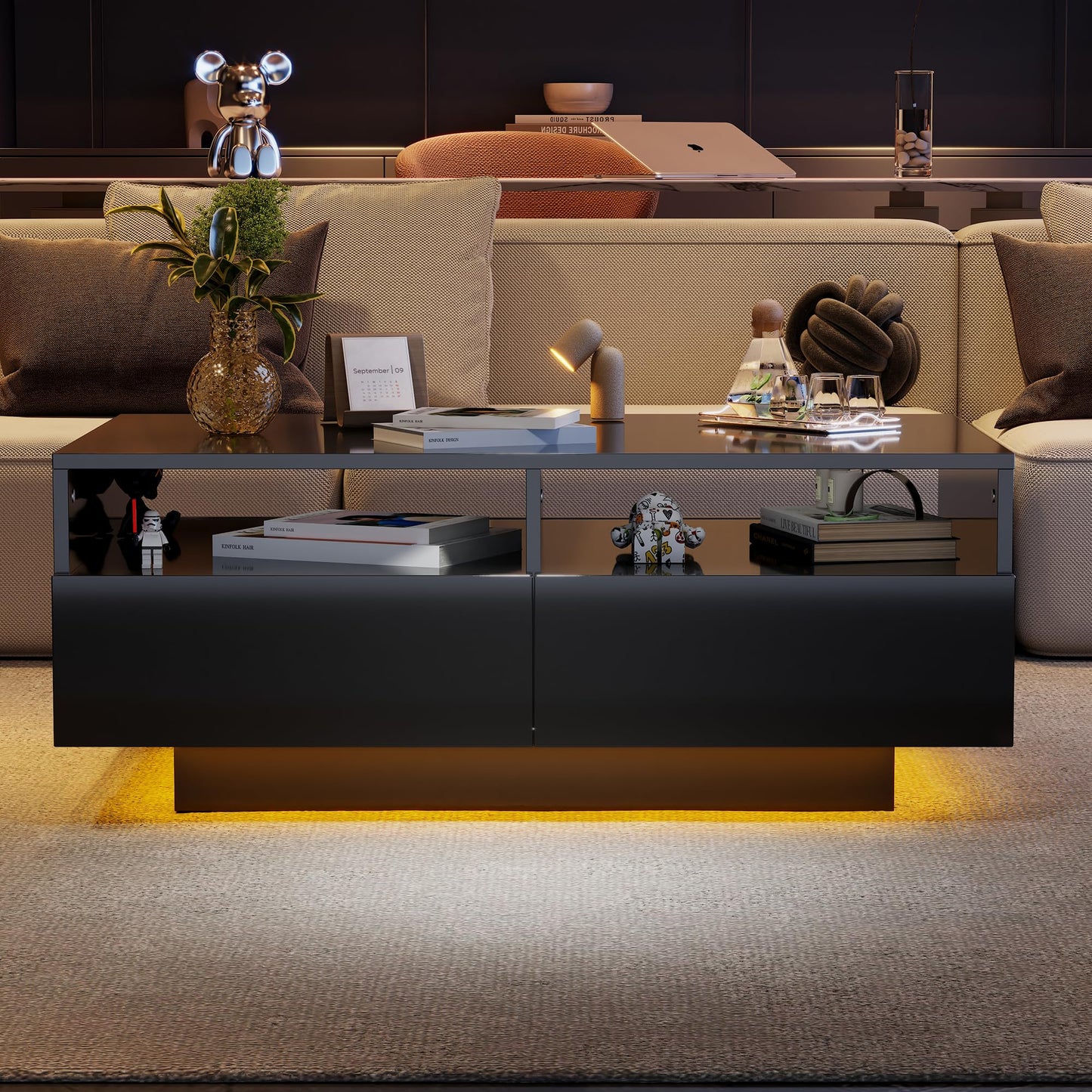 Merax Coffee Table LED High Gloss Middle Table Tea Table for Living Room Black Living Room Table with 2 Drawers and Open Compartment, Rectangular Side Table Sofa Table Coffee Table for Bedroom Office