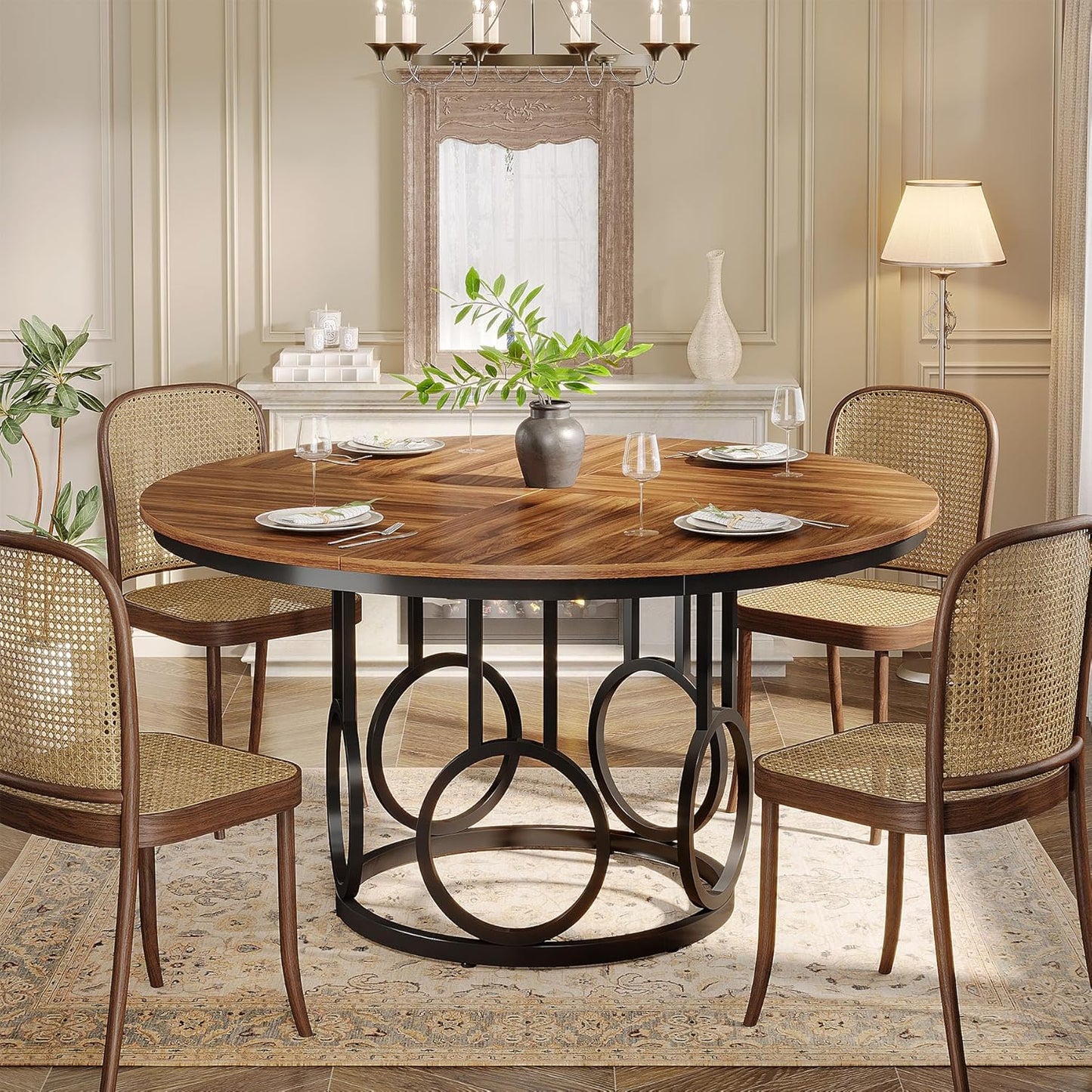 Tribesigns Round Dining Table 47 Inch Wooden Kitchen Table with Sturdy Metal Base for 4-6 People Large Round Dining Table for Dining Room Kitchen Living Room (Brown & Black, Desk Only)