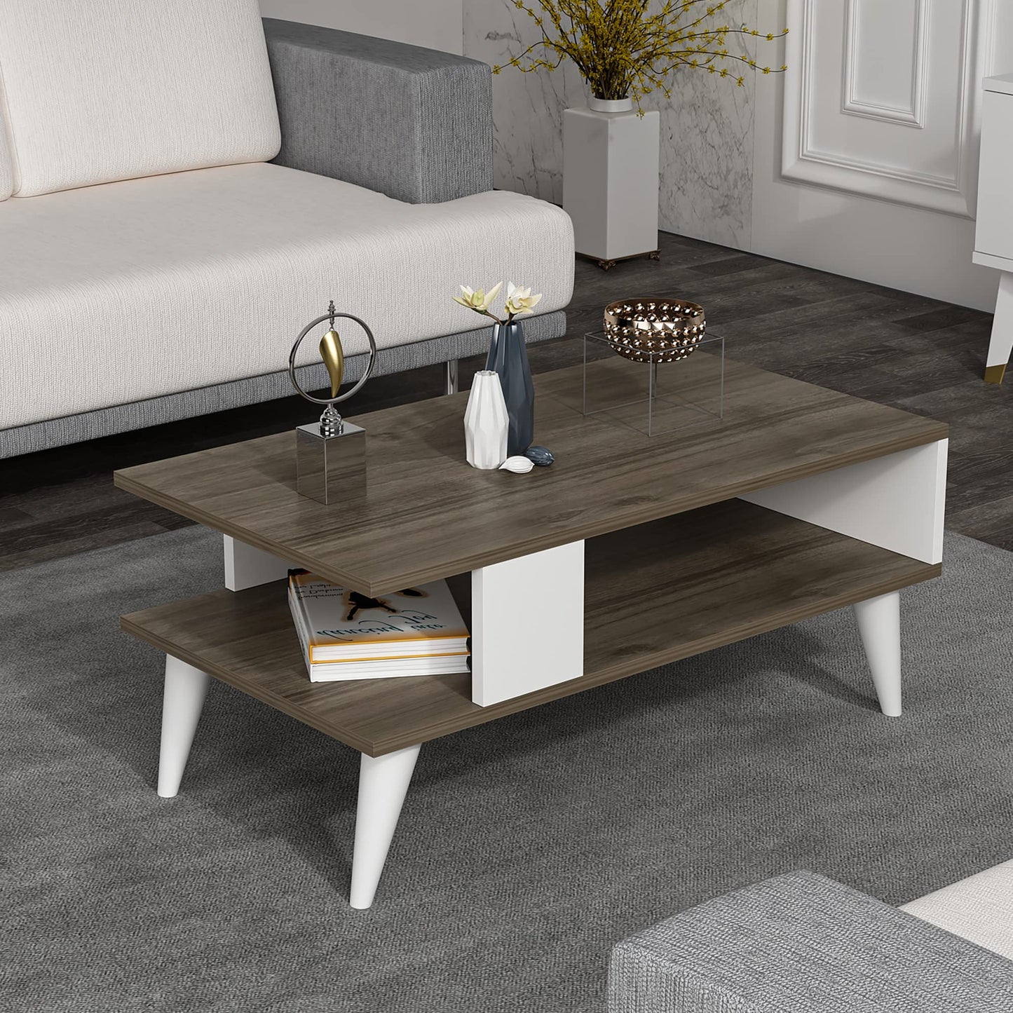 [en.casa] Lycksele Coffee Table Living Room Table with Storage Space Rectangular Black Marble Look White with Lower Shelf Sofa Table