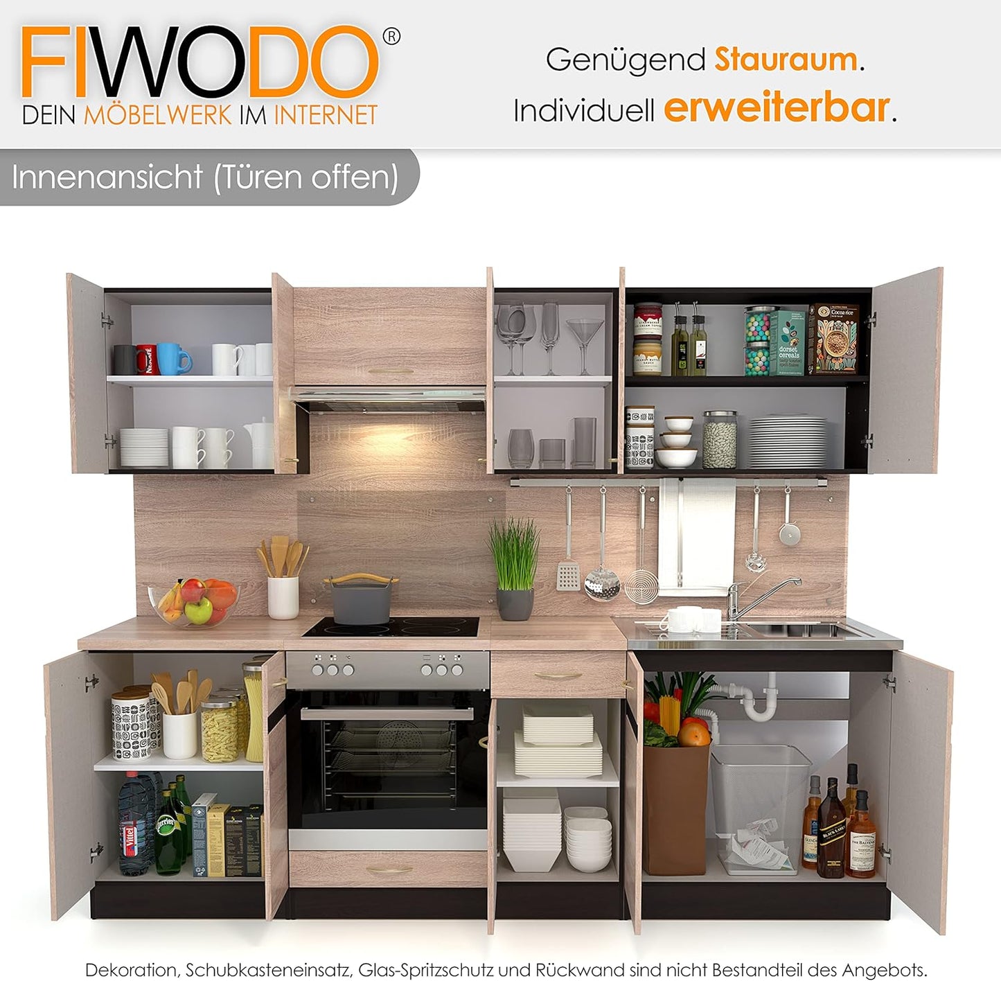 FIWODO Kitchen Unit with Electrical Appliances Extendible Kitchen in Sonoma Oak 240 cm with Sink, Mixer Tap, Cooker, Oven, Extractor Hood
