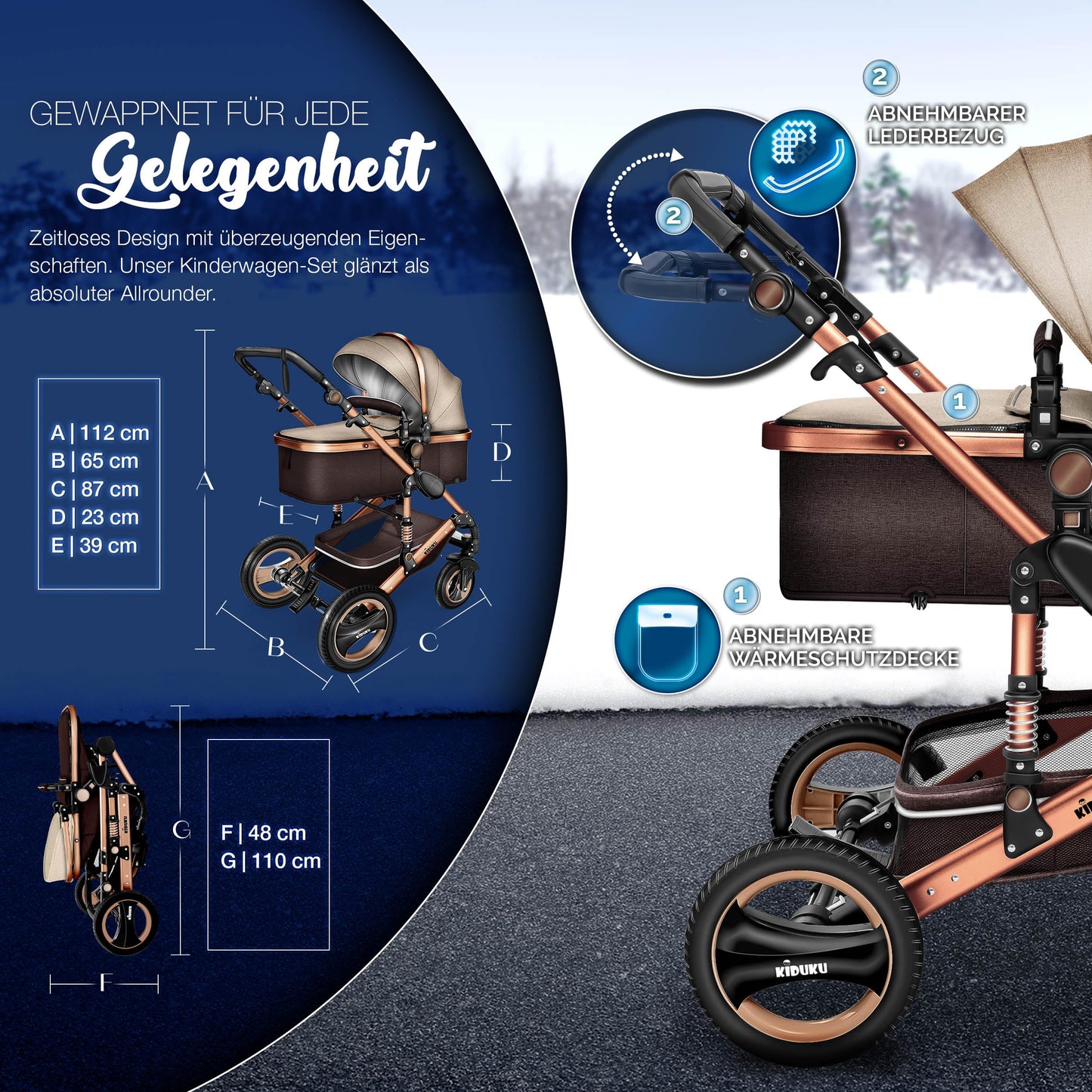 KIDUKU® 3-in-1 Complete Pram Set incl. Baby Carrycot, Buggy, Sports Seat & Car Seat, Footmuff, Solid Rubber Tyres, Changing Bag, Hand Warmer, Rain Cover, Children's Tray, ECE R129