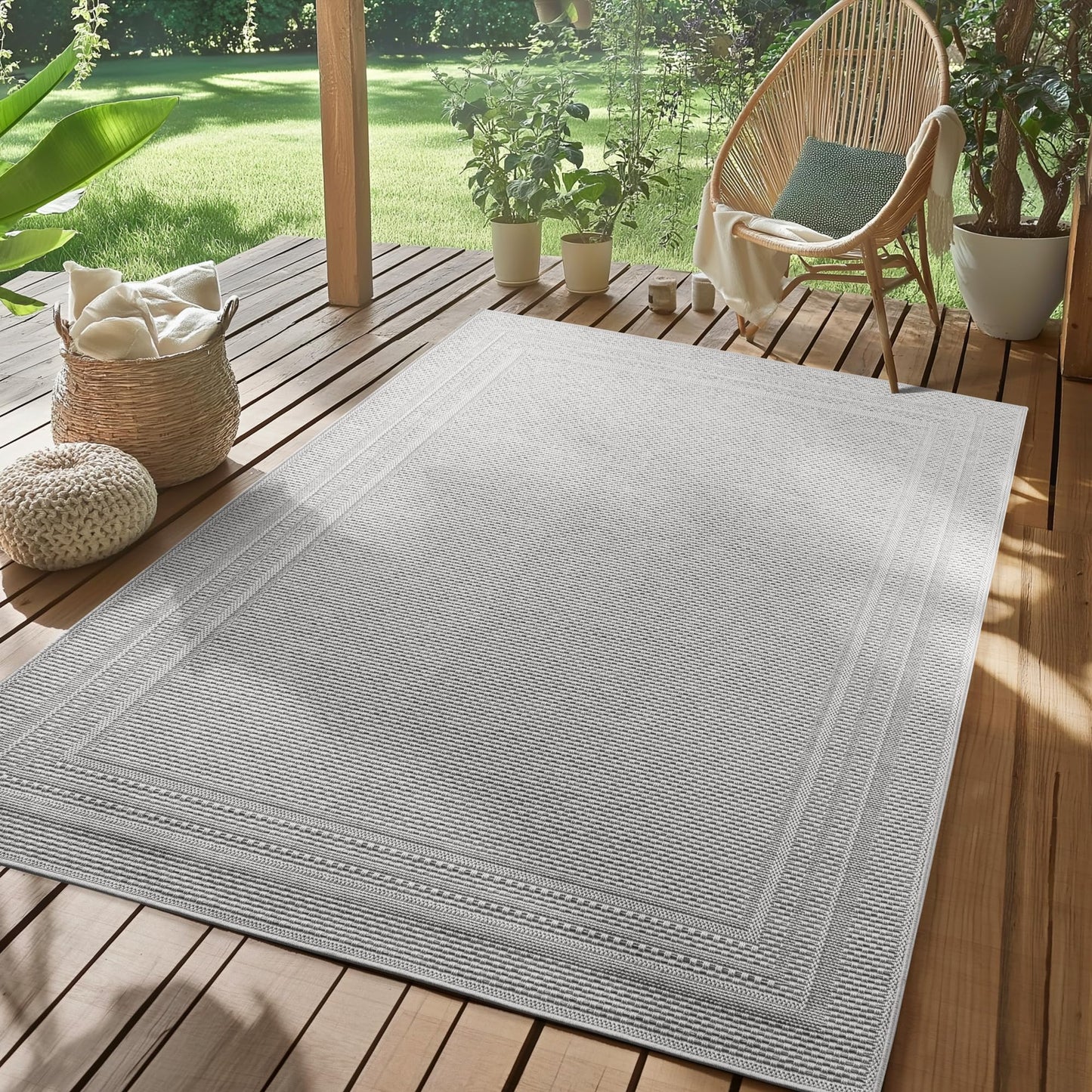 SIMPEX Outdoor Teppich Wetterfest Beige 140x200 cm, UV-beständig, ideal für Küche, Balkon, Terrasse, Garten Wohnzimmer Esszimmer, Skandinavisches Boho-Design, Pfelgeleicht