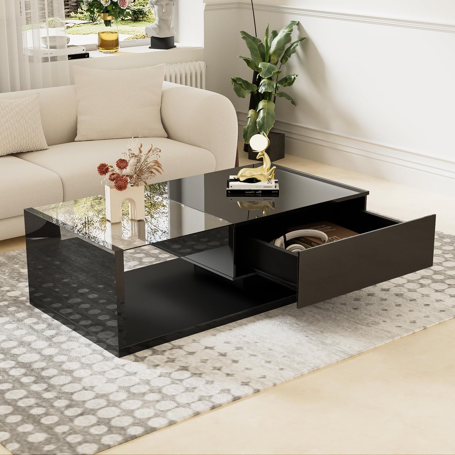 Soweiz Coffee Table, High Gloss, Side Tables, Coffee Tables with Glass and LED Effect, Sturdy Construction (105 x 55 x 32.5 cm) (Black)