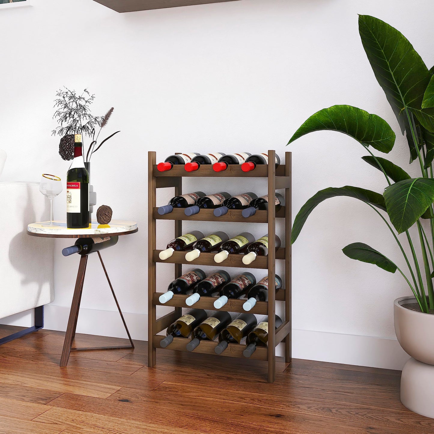 SMIBUY Bamboo Wine Rack, 20 Bottle Display Holder, 5 Tier Freestanding Storage Racks for Kitchen, Pantry, Basement, Bar (Black)