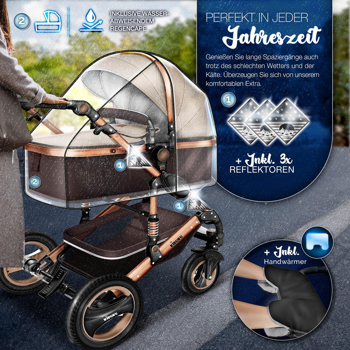 KIDUKU® 3-in-1 Complete Pram Set incl. Baby Carrycot, Buggy, Sports Seat & Car Seat, Footmuff, Solid Rubber Tyres, Changing Bag, Hand Warmer, Rain Cover, Children's Tray, ECE R129