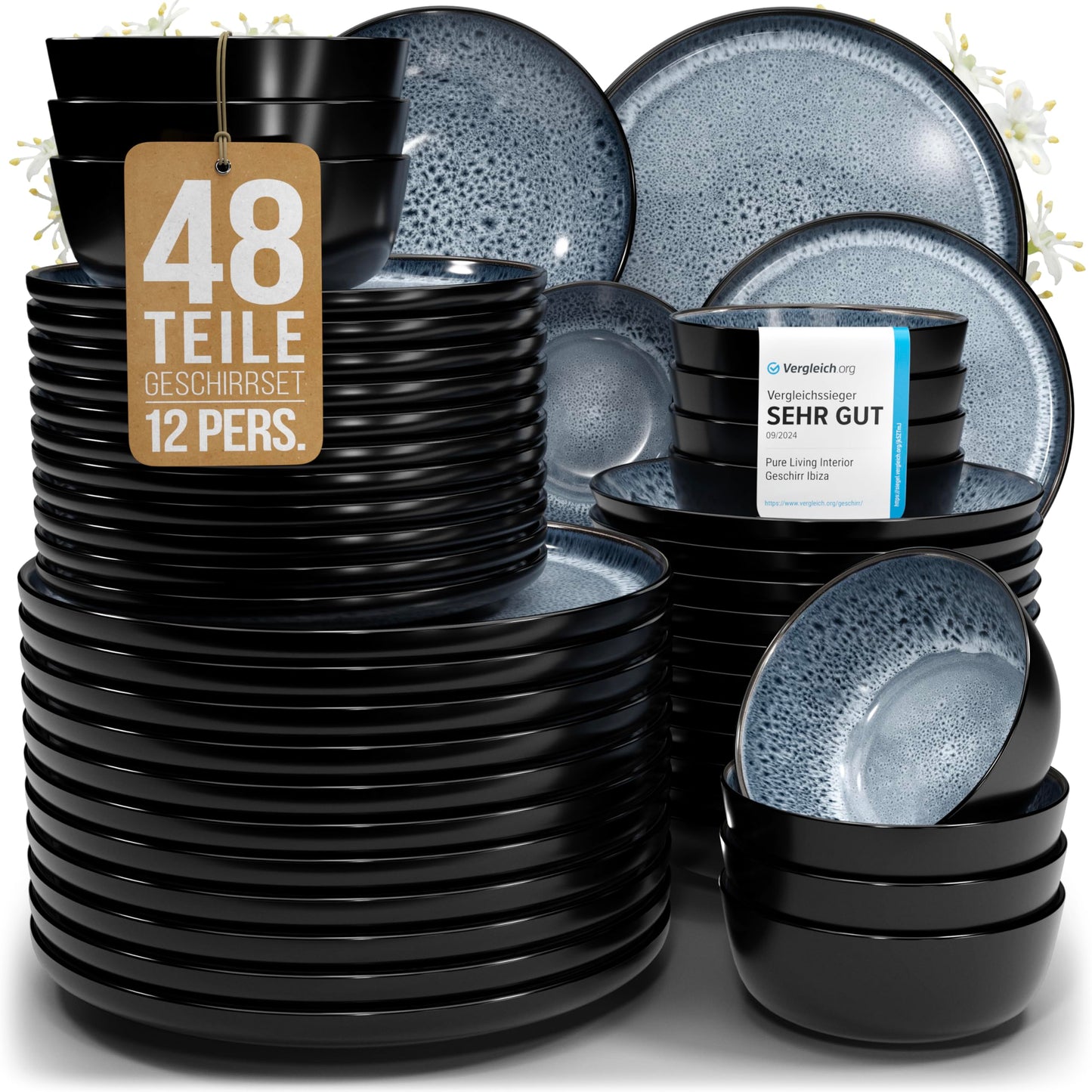 Ibiza Stoneware Crockery Set for 12 People, 48 Pieces, Test Winner, Dreamlike Mediterranean Stoneware Crockery Set, Bowl and Plate Set, Dinner Service for 12 People, Pure Living Crockery Sets in Deep