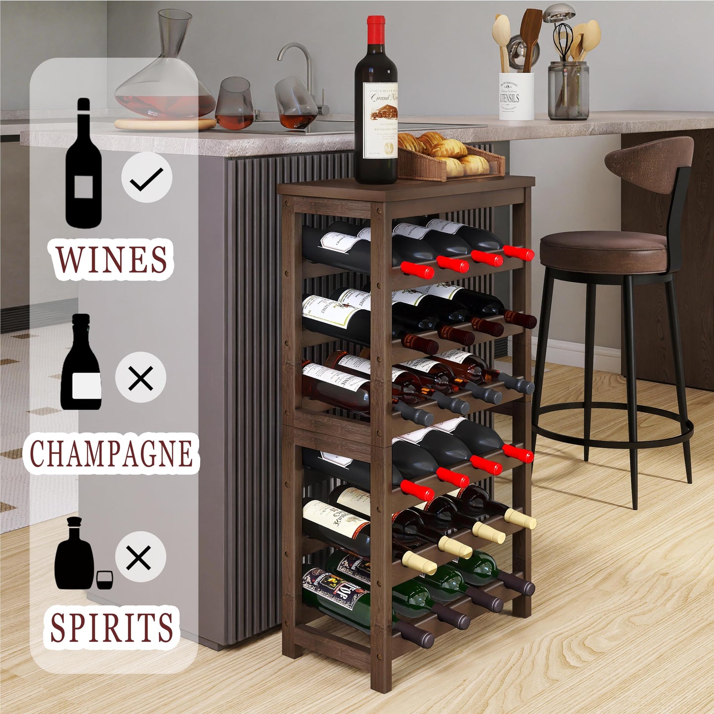 24 Bottle Wine Rack Freestanding Base, 6 Tier Wine Display Storage Shelves with Table Top, Bamboo Wine Bottle Holder Stand with Wave Bars for Kitchen, Dining Room, Pantry, Black