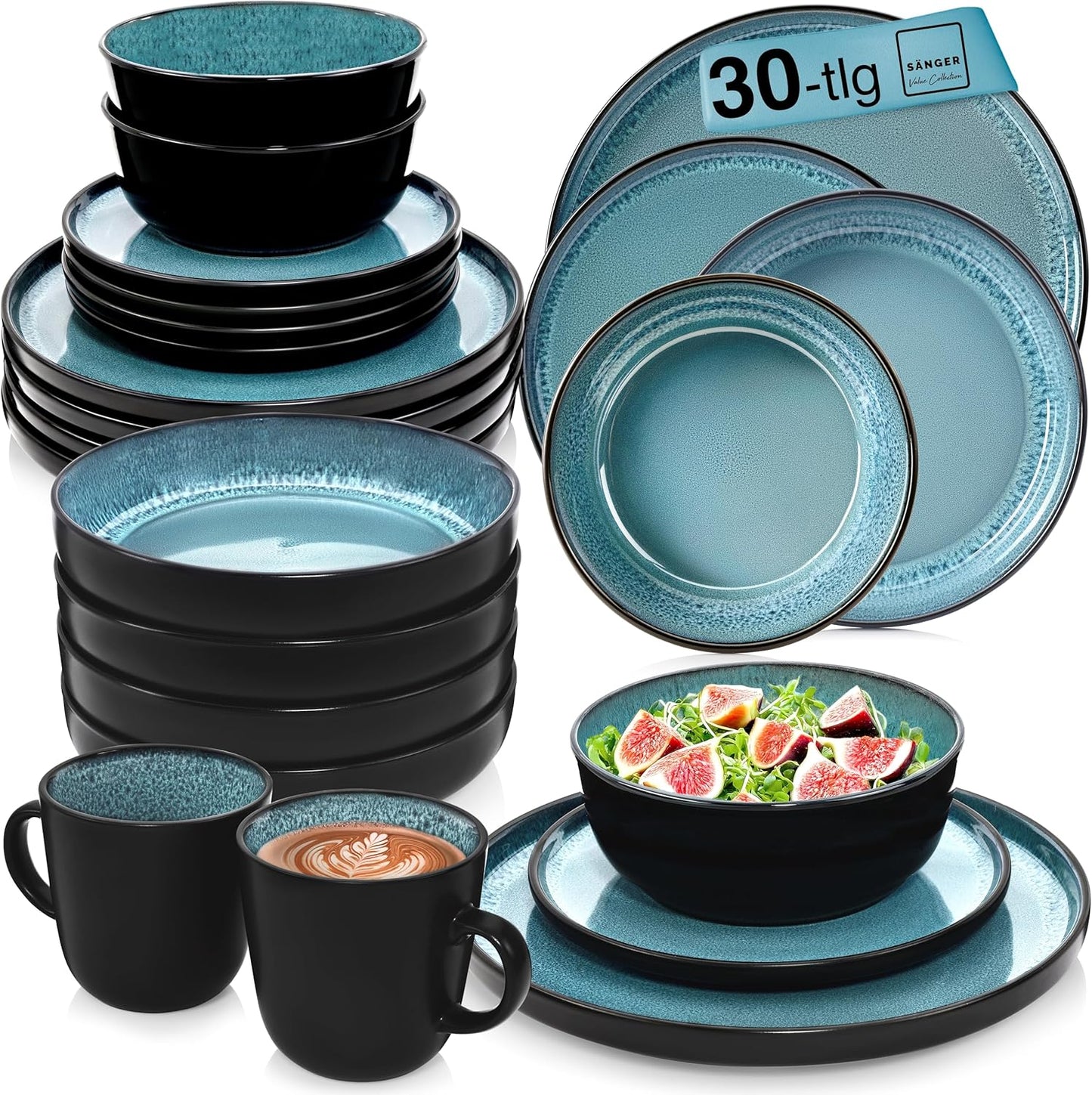 SÄNGER Manila Dinner Service for 6 People, Plate Set, Coffee Mug, Pasta Bowl, 30 Pieces, Stoneware Crockery Set, Dishwasher, Microwave, Scratch-Resistant, Blue with Black Rim, Value Collection
