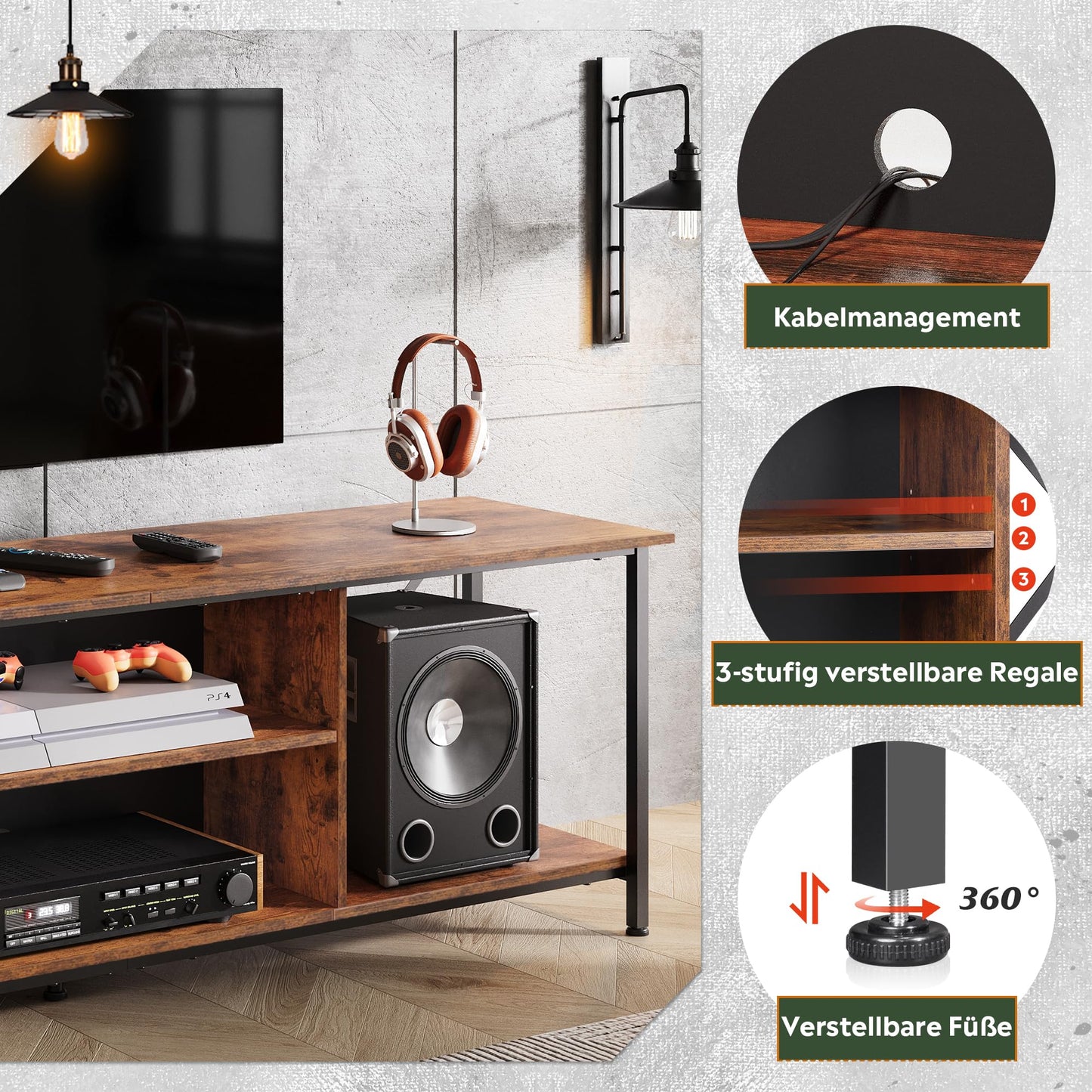 WLIVE TV Schrank, TV Lowboard für Fernseher bis zu 65 Zoll, TV Board Fernsehschrank mit Offenen Stauraum, 140 x 40 x 49 cm, Fernsehtisch für Wohnzimmer und Schlafzimmer, Vintagebraun-Schwarz