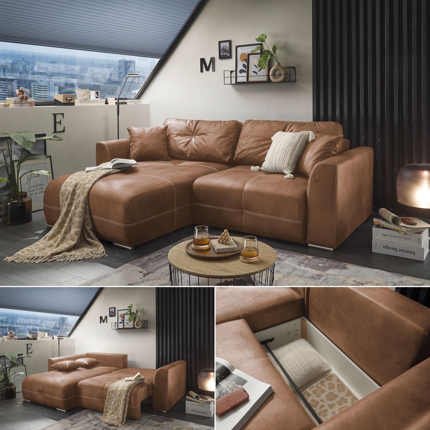 Dolan Comfortable Sofa Bed in Leather Look with Bed Box, Light Brown, Extendable Sofa with Sleep Function, 245 x 85 x 115 cm (W x H x D)
