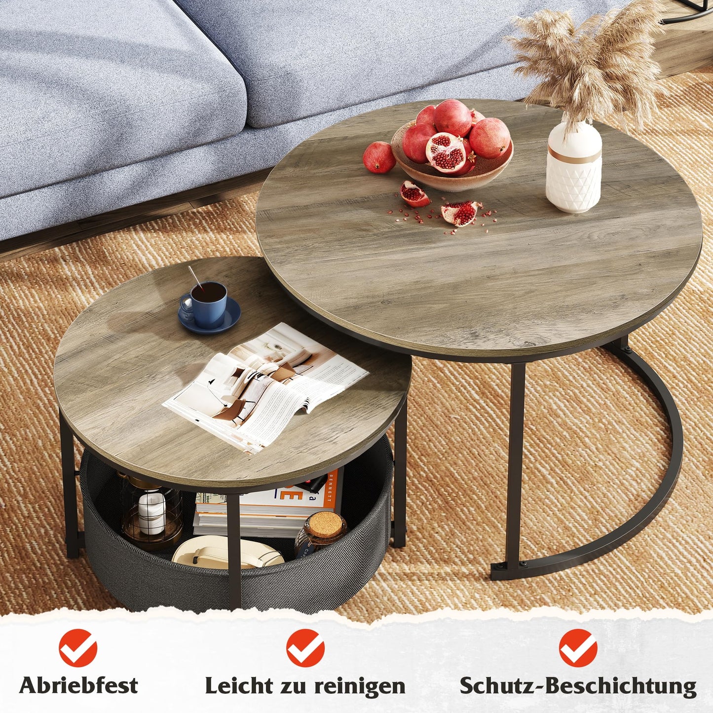 WLIVE Round Coffee Table, Set of 2, Modern Living Room Table, Round, Side Table with Fabric Basket, 80 cm Diameter Couch Table for Bedroom, Home Office (Grey Oak)