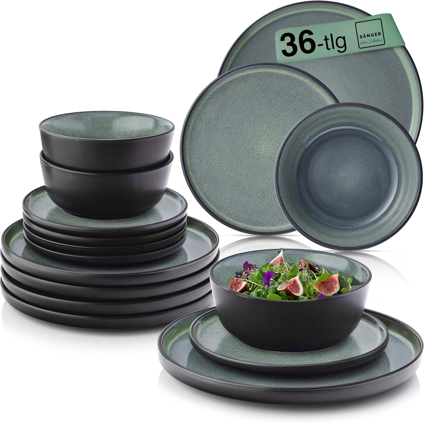 SÄNGER Manila Dinner Service for 6 People, Plate Set, Coffee Mug, Pasta Bowl, 30 Pieces, Stoneware Crockery Set, Dishwasher, Microwave, Scratch-Resistant, Blue with Black Rim, Value Collection