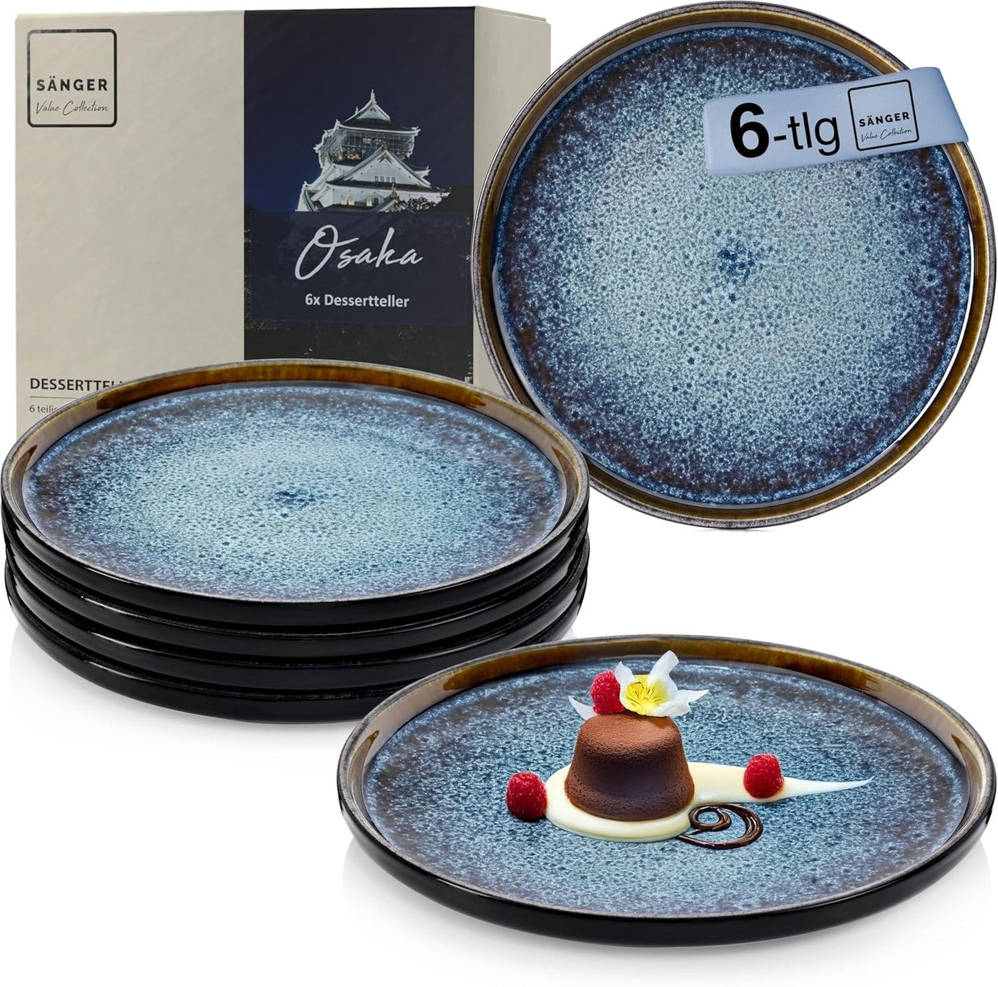 SÄNGER Manila Dinner Service for 6 People, Plate Set, Coffee Mug, Pasta Bowl, 30 Pieces, Stoneware Crockery Set, Dishwasher, Microwave, Scratch-Resistant, Blue with Black Rim, Value Collection