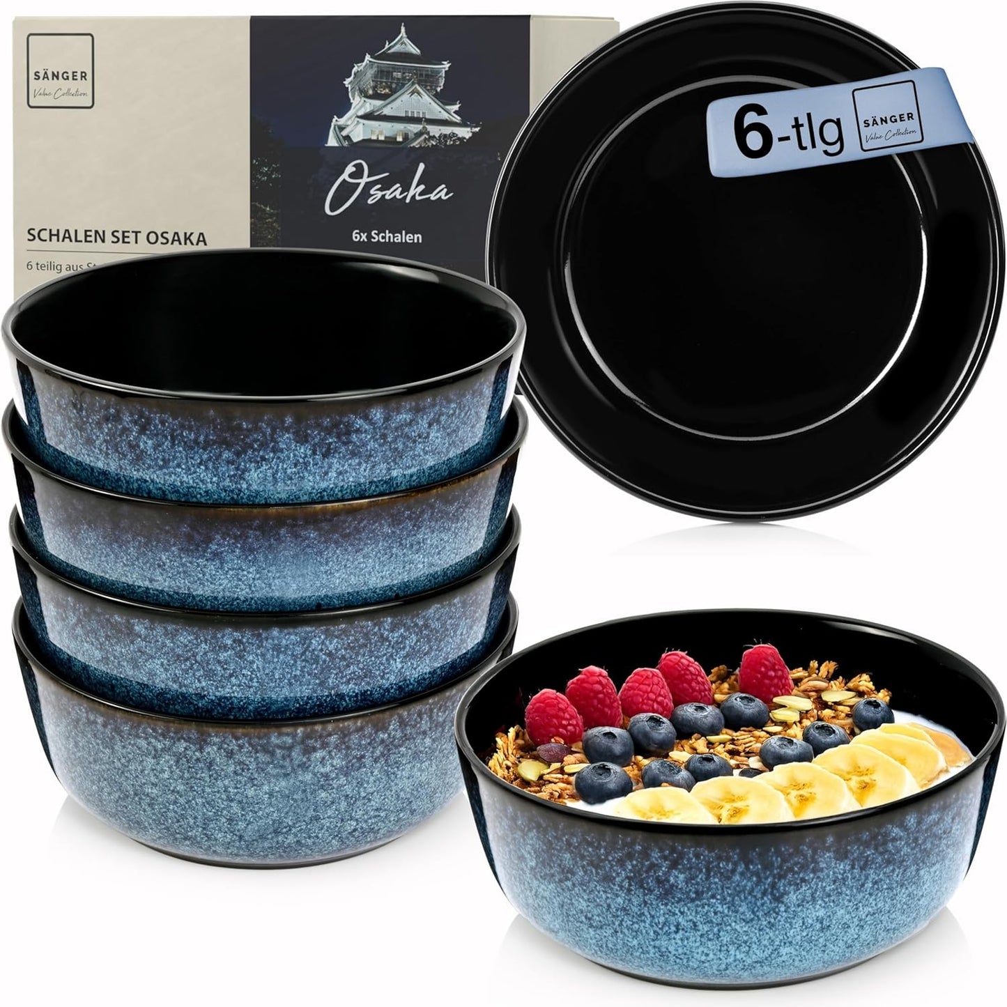 SÄNGER Manila Dinner Service for 6 People, Plate Set, Coffee Mug, Pasta Bowl, 30 Pieces, Stoneware Crockery Set, Dishwasher, Microwave, Scratch-Resistant, Blue with Black Rim, Value Collection