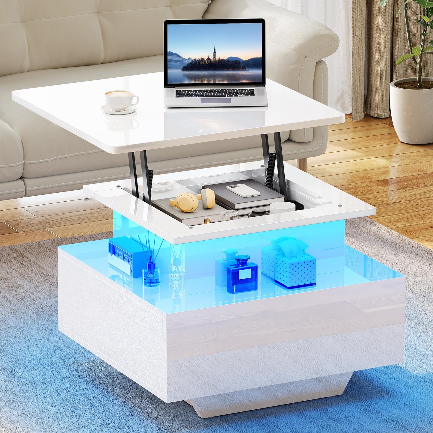 YITAHOME Coffee Table Height Adjustable with LED Lighting Modern 60 x 60 x 45 cm Living Room Table High Gloss with Open Display Shelf and 2 Drawers