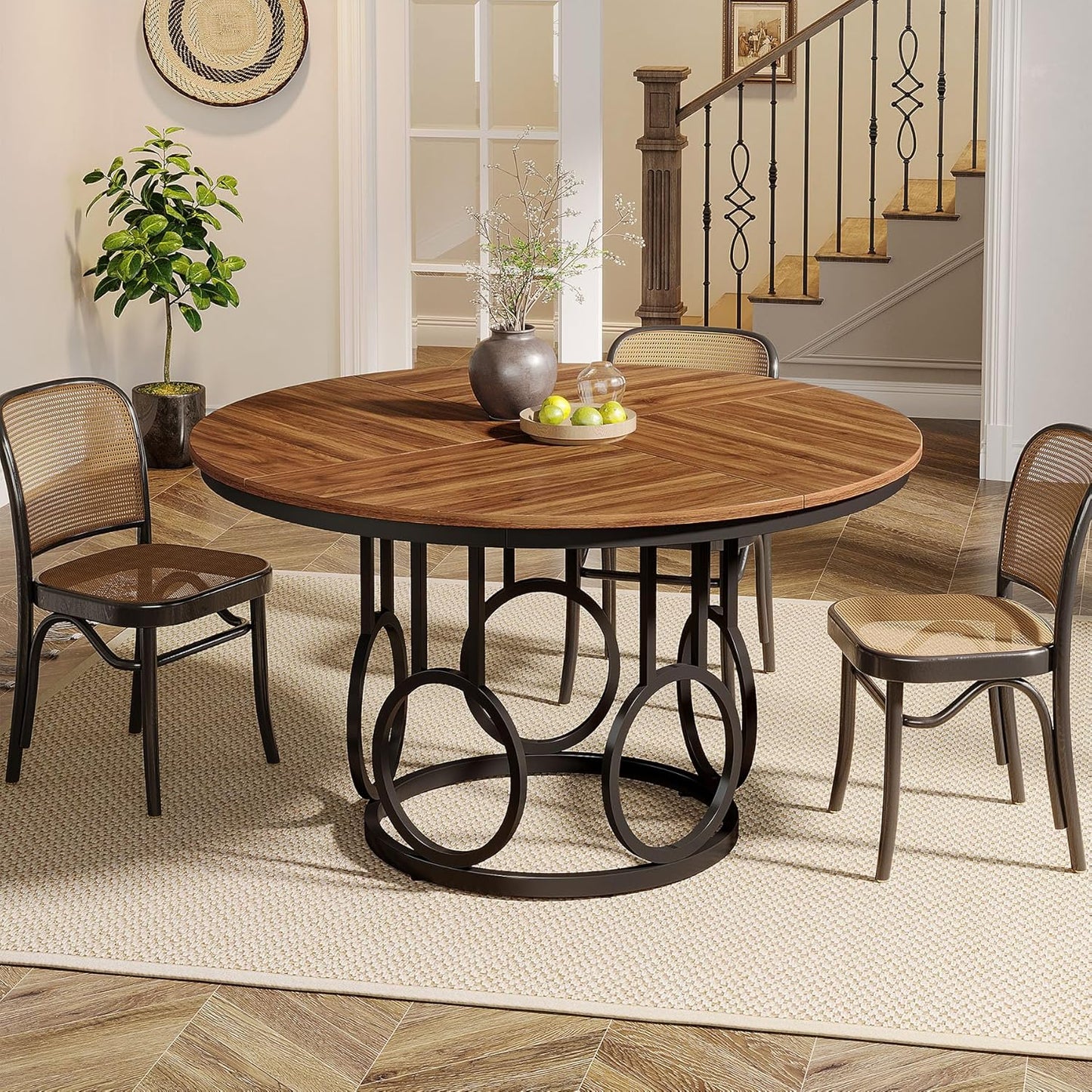 Tribesigns Round Dining Table 47 Inch Wooden Kitchen Table with Sturdy Metal Base for 4-6 People Large Round Dining Table for Dining Room Kitchen Living Room (Brown & Black, Desk Only)