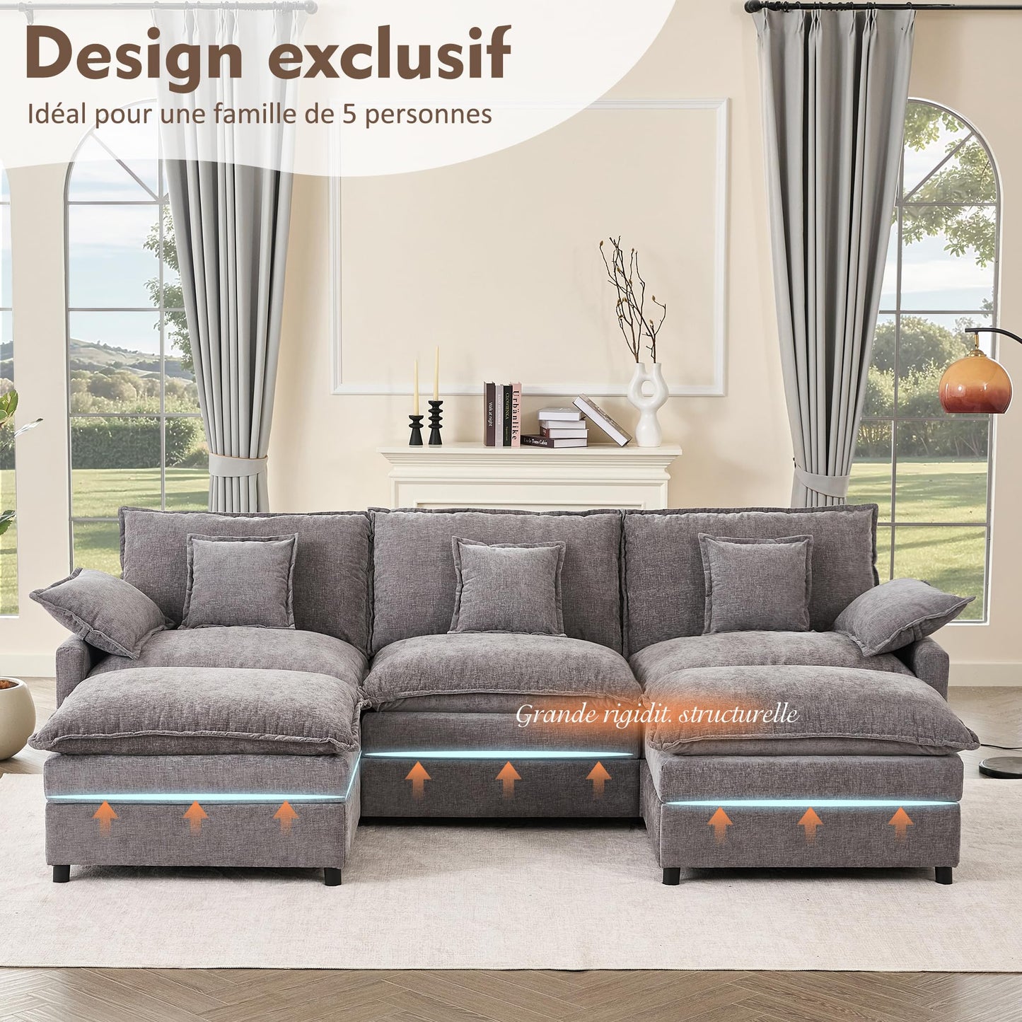 Litbird U-förmiges modulares Sofa 3-Sitzer Ecksofa mit Hocker, tiefes Sitzdesign, Cloud Couch für Wohnzimmer(Hellbraun)