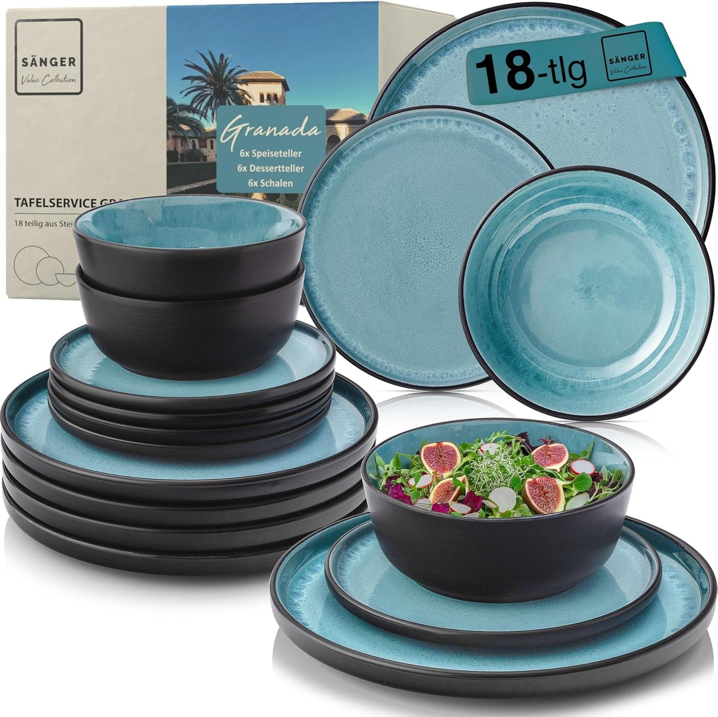 SÄNGER Manila Dinner Service for 6 People, Plate Set, Coffee Mug, Pasta Bowl, 30 Pieces, Stoneware Crockery Set, Dishwasher, Microwave, Scratch-Resistant, Blue with Black Rim, Value Collection