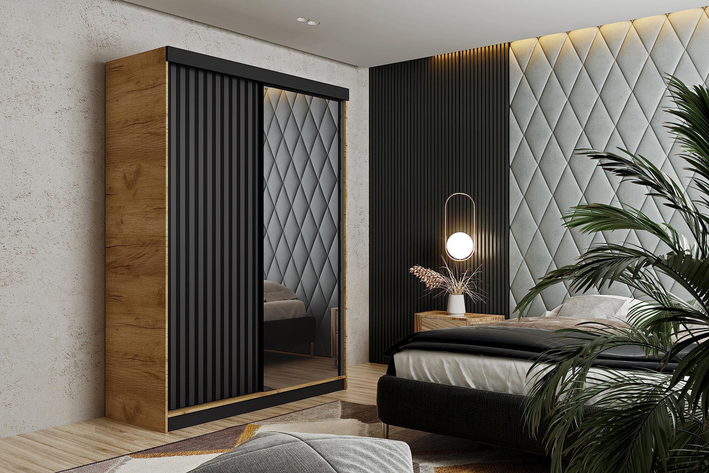 KIER FURNITURE Mehrzweckschrank Malani 200 Schiebetürenschrank - Eleganter Kleiderschrank Schrank Garderobe Spiegel - Wohnzimmerschrank Schiebetüren - Graphit Anthrazit 200x205x59 cm