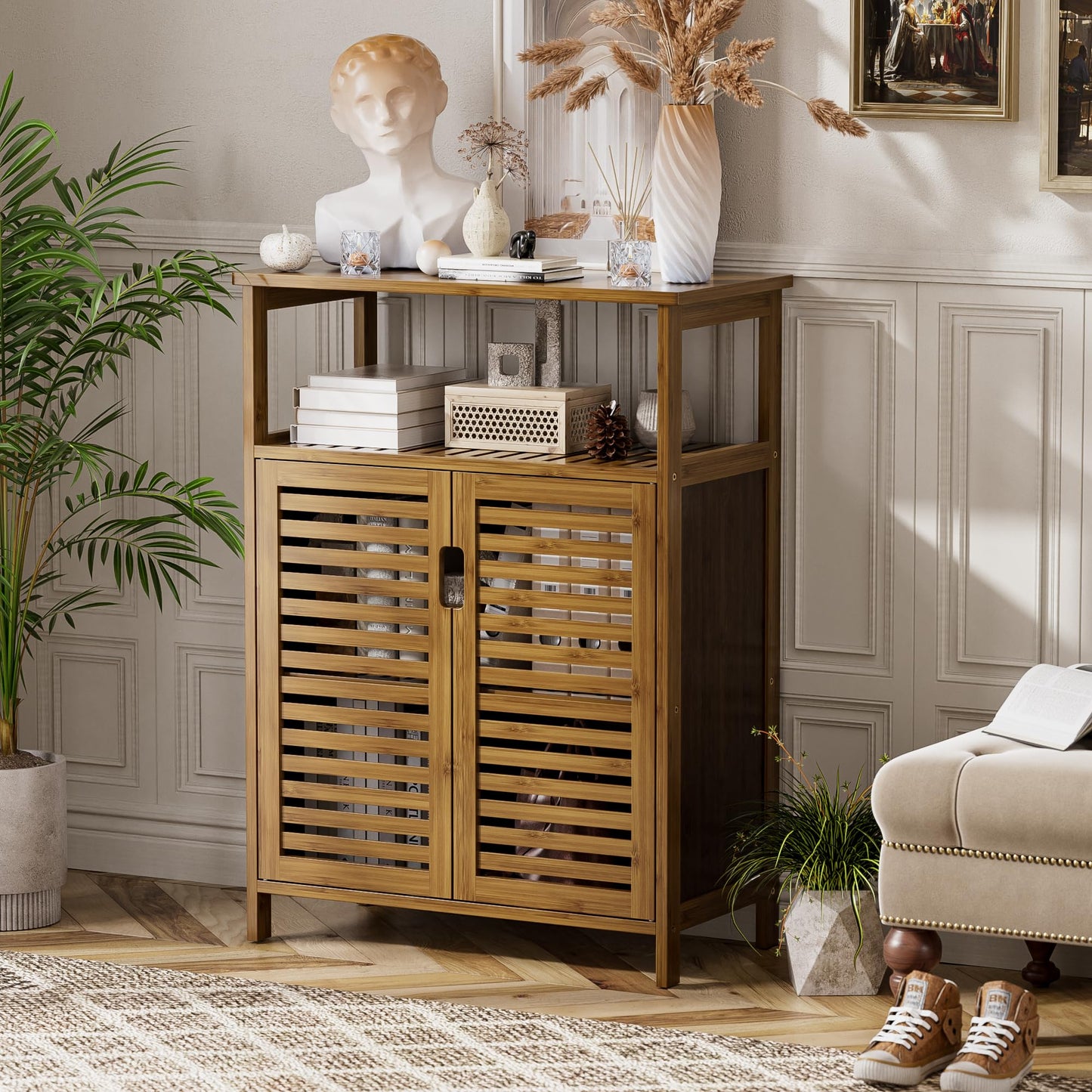 HITNET Bathroom Cabinet Bamboo Black Bathroom Cabinet with 2 Doors Freestanding Cabinet for Bathroom, Living Room and Bedroom