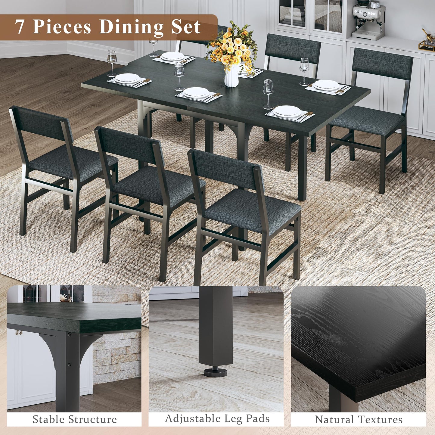 7-Piece Dining Table Set for 4-6, Extendable Kitchen Table Cushion Chairs Set of 6 with 6 Chairs, Rectangle Dining Table with Metal Frame & MDF Board, Folding for Small Apartment Saving Space,Grey Oak