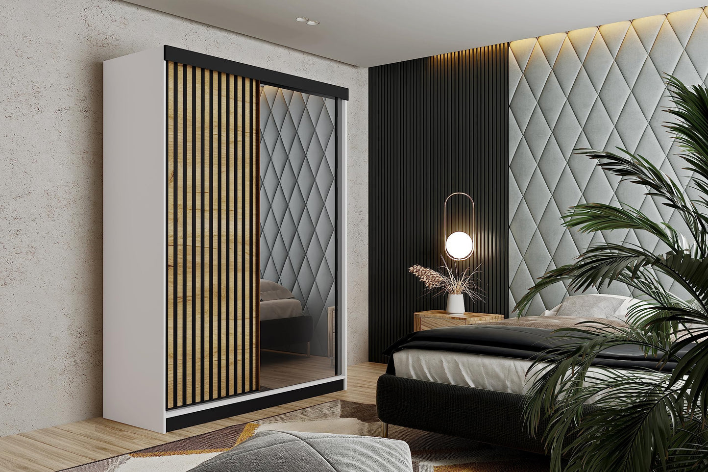 KIER FURNITURE Mehrzweckschrank Malani 200 Schiebetürenschrank - Eleganter Kleiderschrank Schrank Garderobe Spiegel - Wohnzimmerschrank Schiebetüren - Graphit Anthrazit 200x205x59 cm