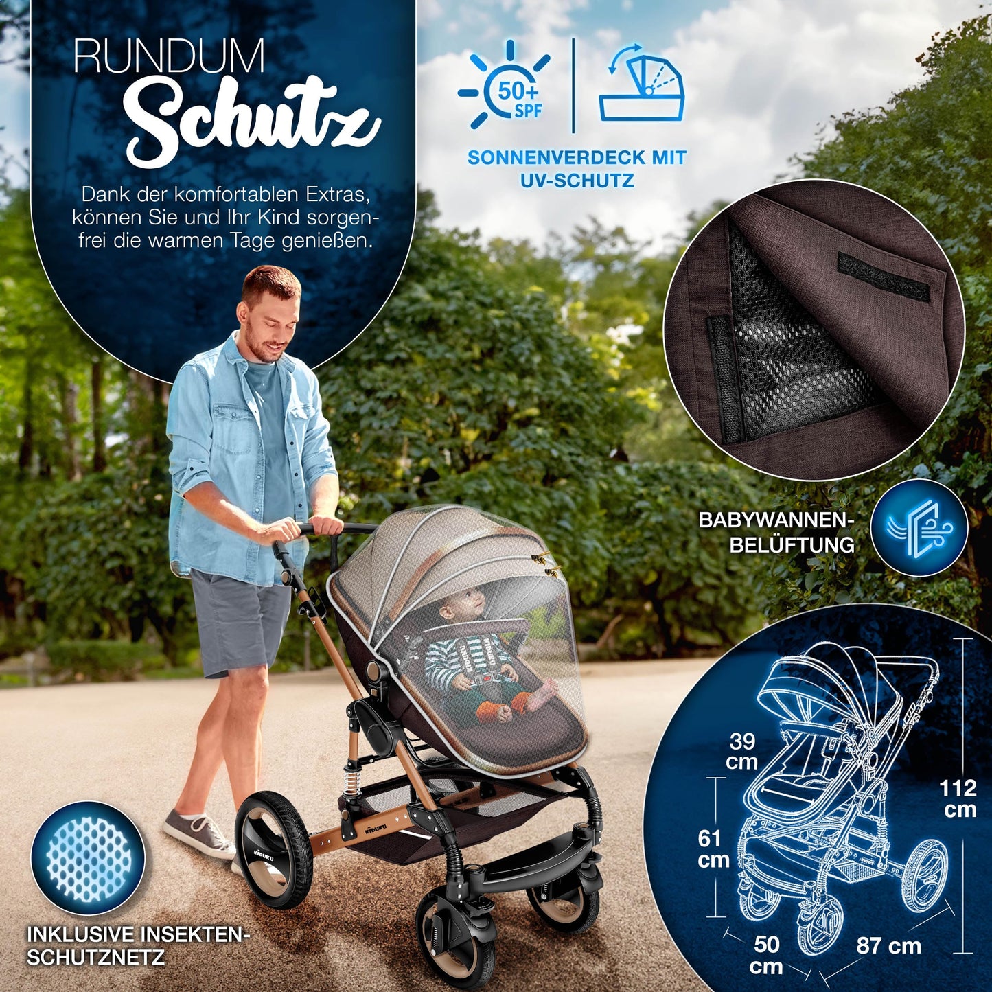 KIDUKU® 3-in-1 Complete Pram Set incl. Baby Carrycot, Buggy, Sports Seat & Car Seat, Footmuff, Solid Rubber Tyres, Changing Bag, Hand Warmer, Rain Cover, Children's Tray, ECE R129
