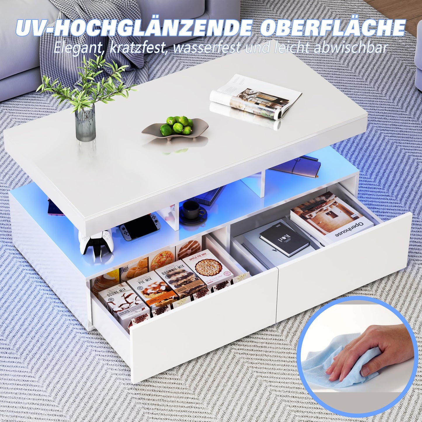 Coffee Table with LED Lighting, High Gloss Living Room Table with 2 Silent Drawers and Open Compartment, Elegant Side Table for Living Room and Office (White)