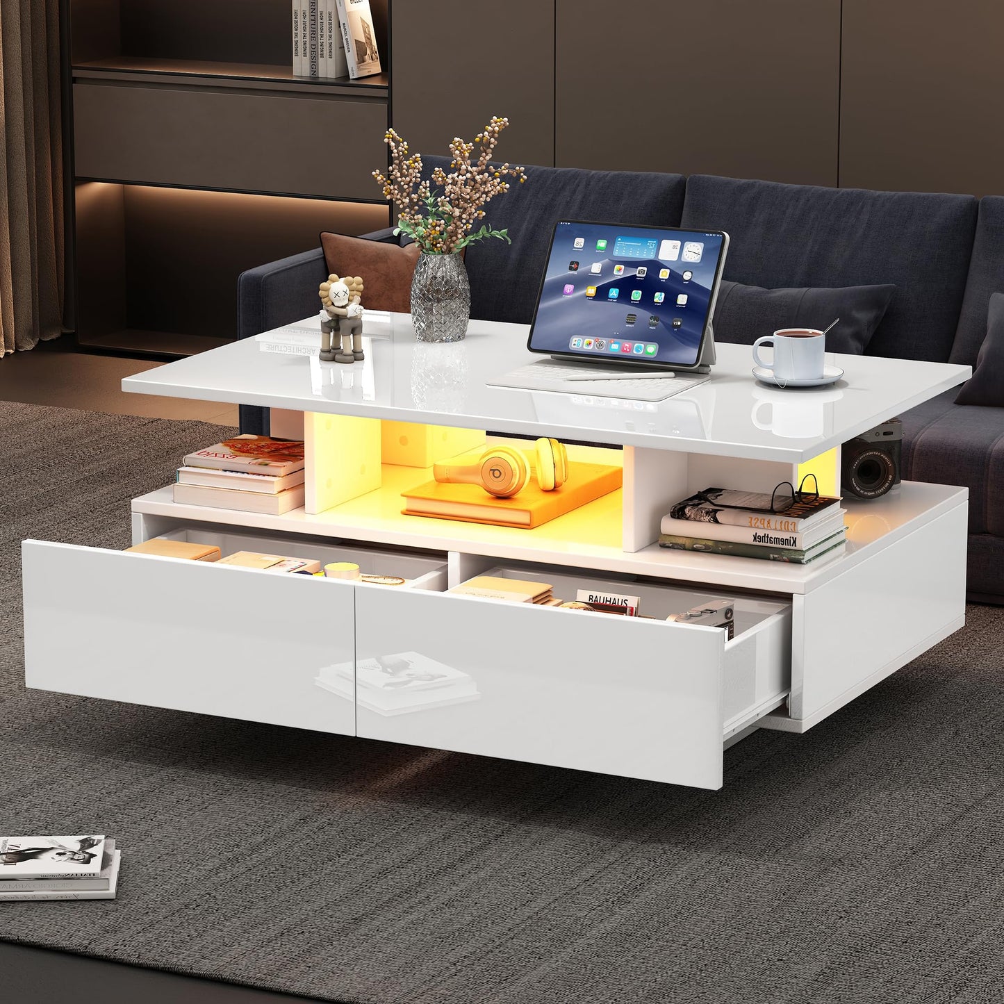 Merax Coffee Table LED High Gloss Middle Table Tea Table for Living Room Black Living Room Table with 2 Drawers and Open Compartment, Rectangular Side Table Sofa Table Coffee Table for Bedroom Office