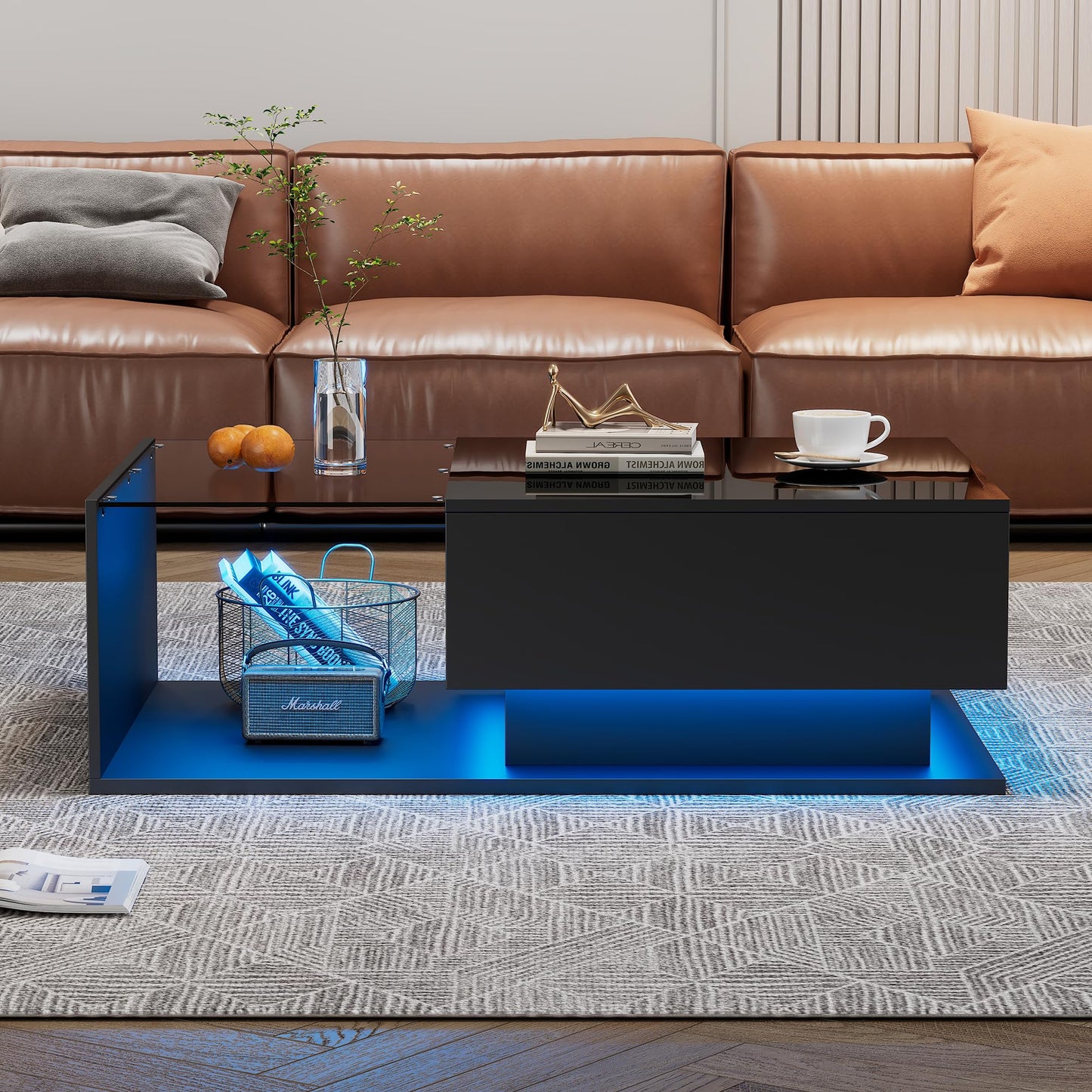 Merax Coffee Table LED High Gloss Middle Table Tea Table for Living Room Black Living Room Table with 2 Drawers and Open Compartment, Rectangular Side Table Sofa Table Coffee Table for Bedroom Office