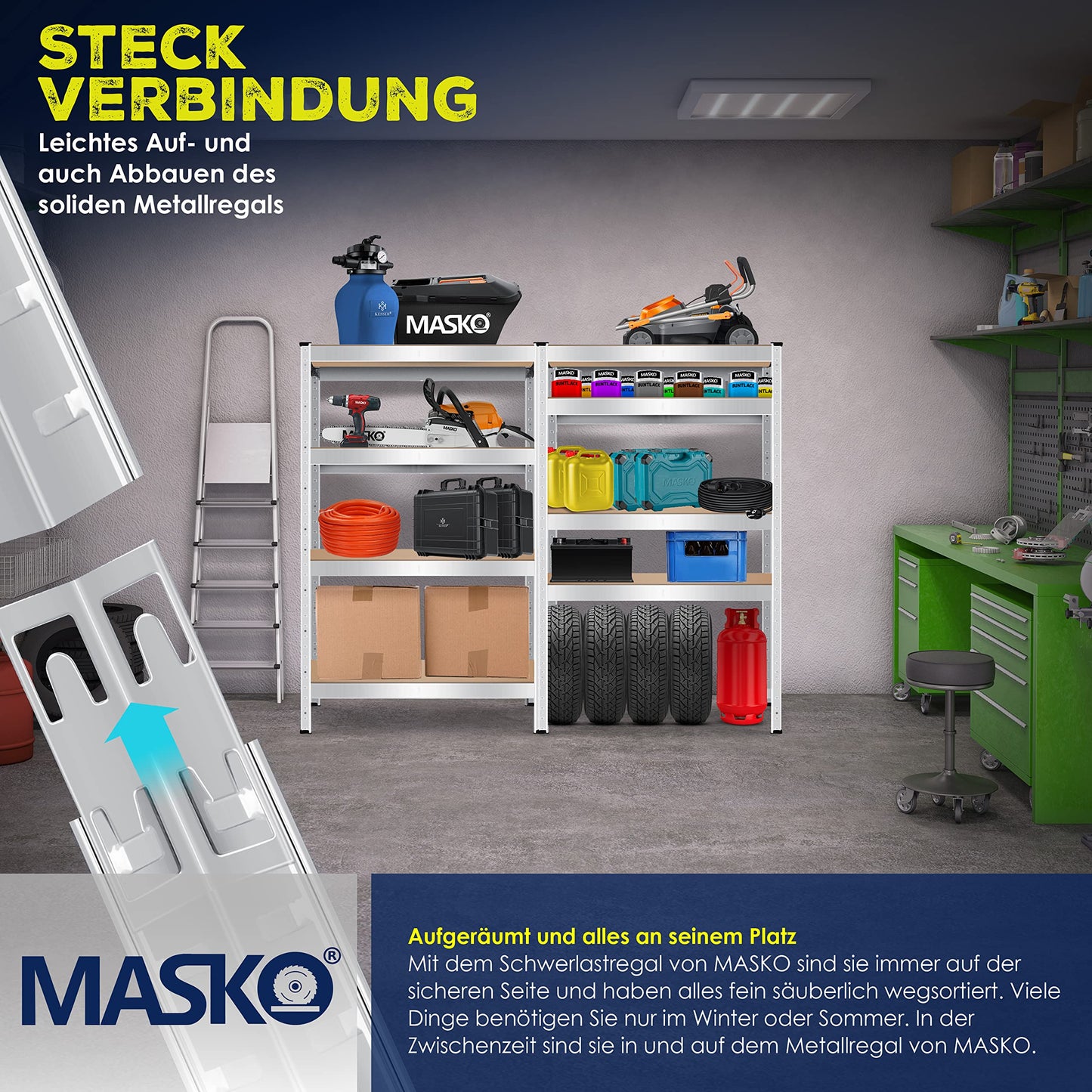 MASKO® Set of 2 Storage Shelves, Heavy Duty Shelves, Basement Shelves, 160 x 80 x 40 cm, Maximum Load 700 kg, 4 Adjustable Shelves, MDF Panels, Boltless Metal Shelf, Workshop, Basement, Garage, Black