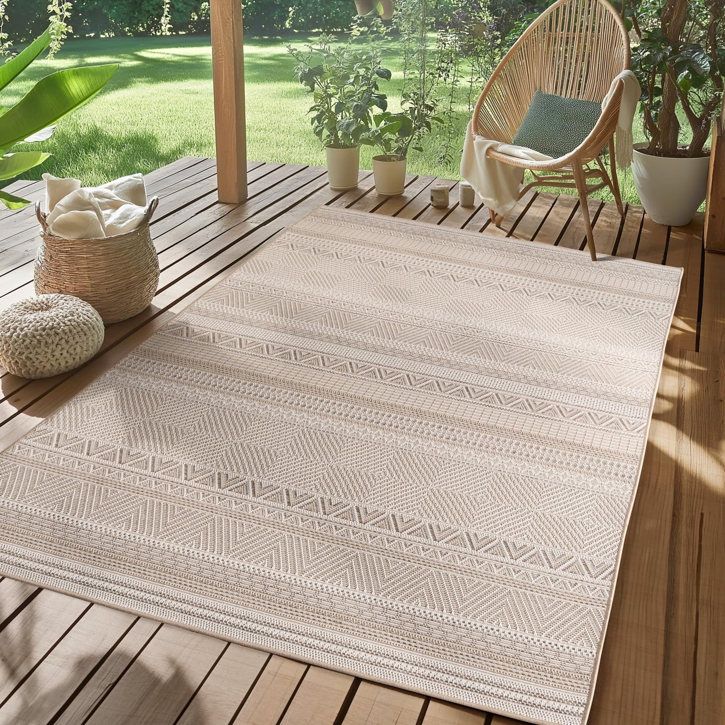 SIMPEX Outdoor Teppich Wetterfest Beige 140x200 cm, UV-beständig, ideal für Küche, Balkon, Terrasse, Garten Wohnzimmer Esszimmer, Skandinavisches Boho-Design, Pfelgeleicht